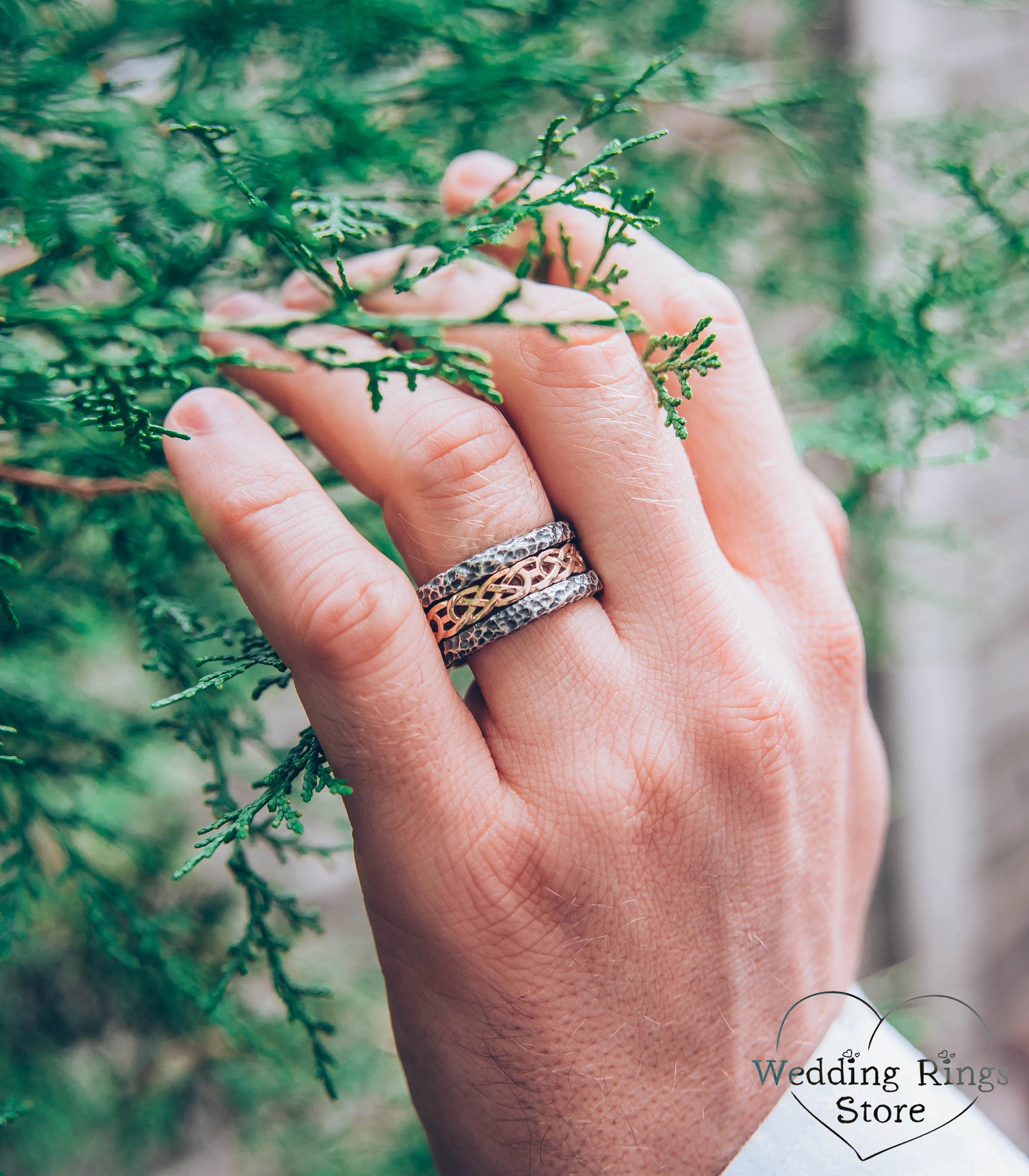 Rocky Hammered durable Silver Band with gold celtic pattern