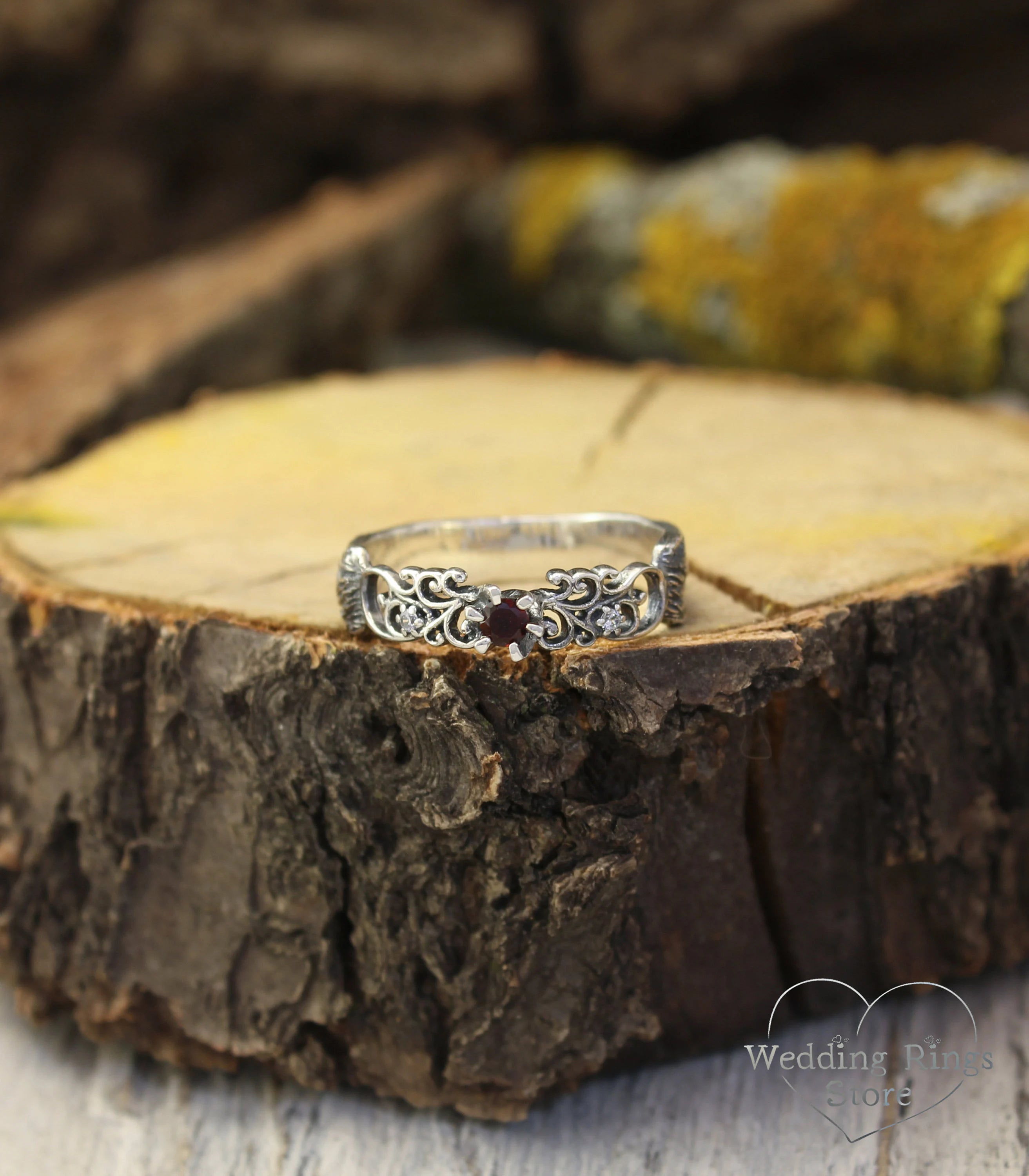 Scrollwork Silver Ring with Natural Garnet — Tree bark and Vine