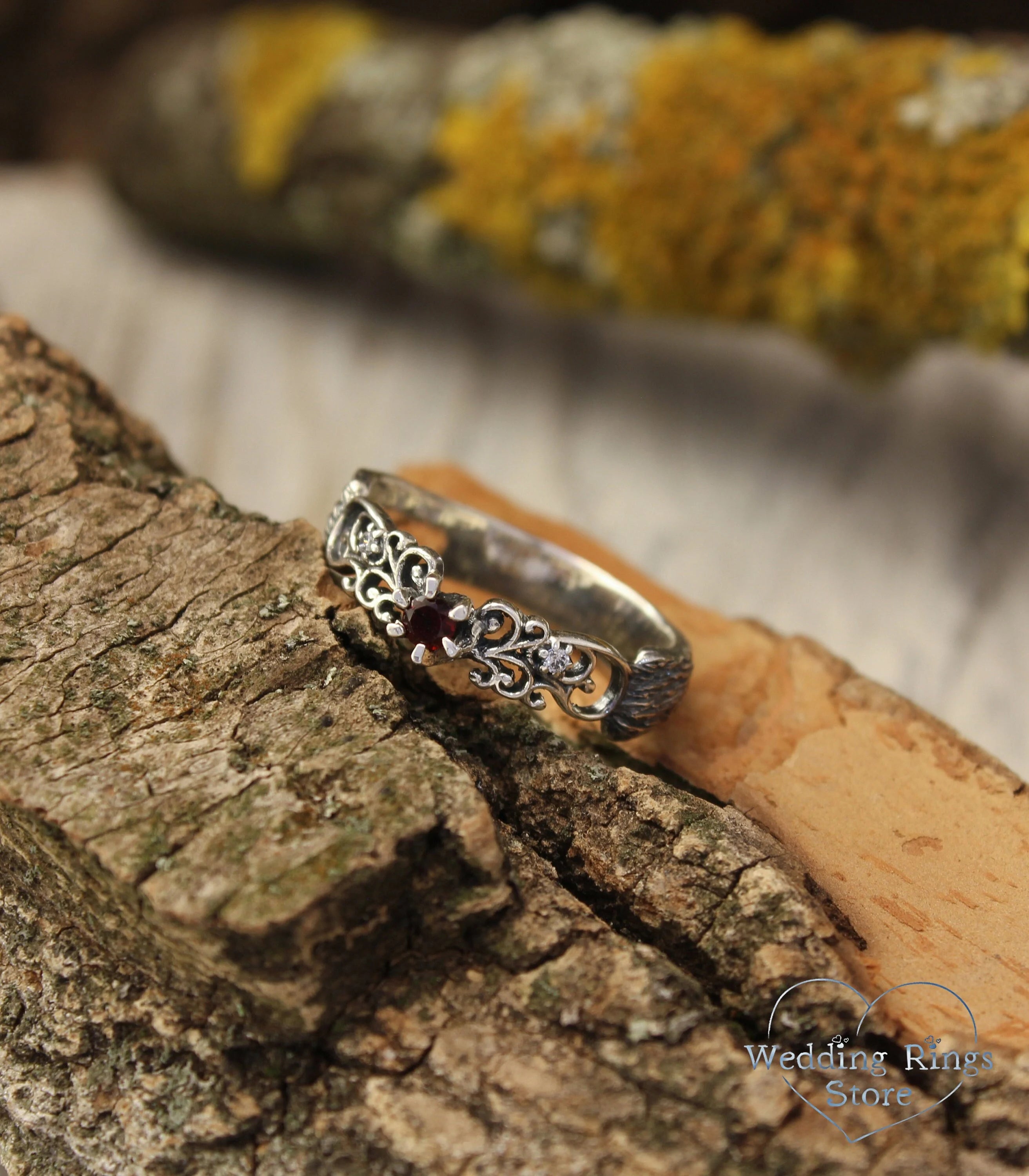 Scrollwork Silver Ring with Natural Garnet — Tree bark and Vine