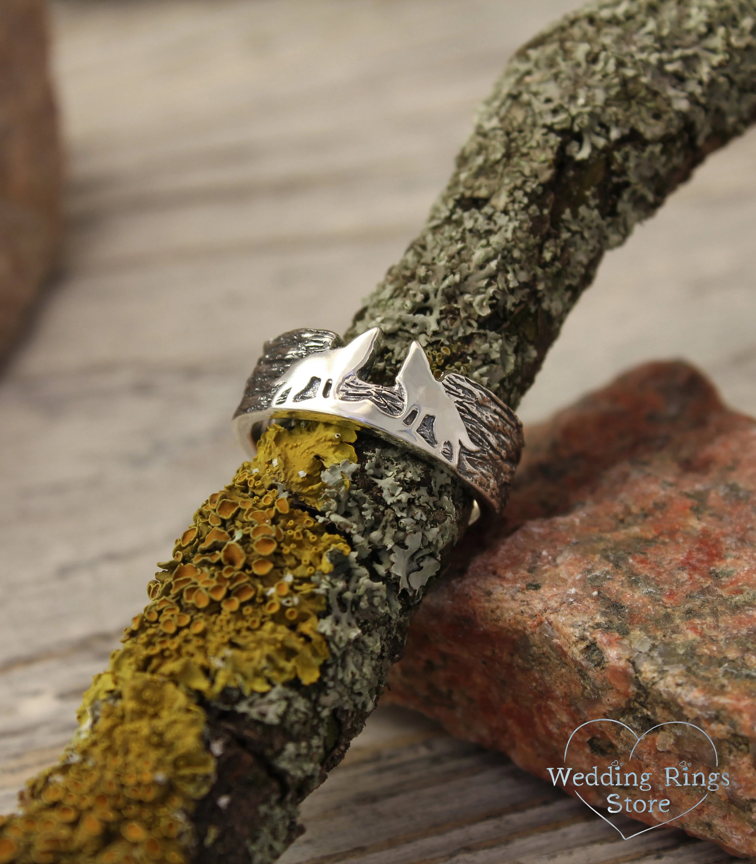 Two Wolves Ring and Silver bark textured Ring