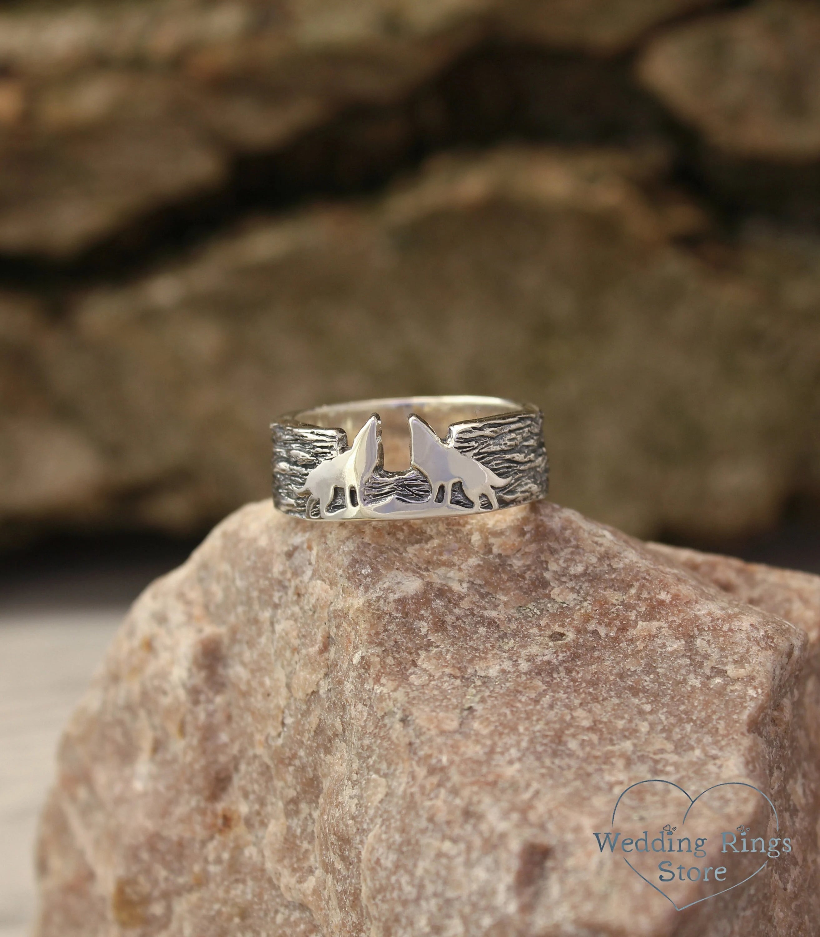 Two Wolves Ring and Silver bark textured Ring