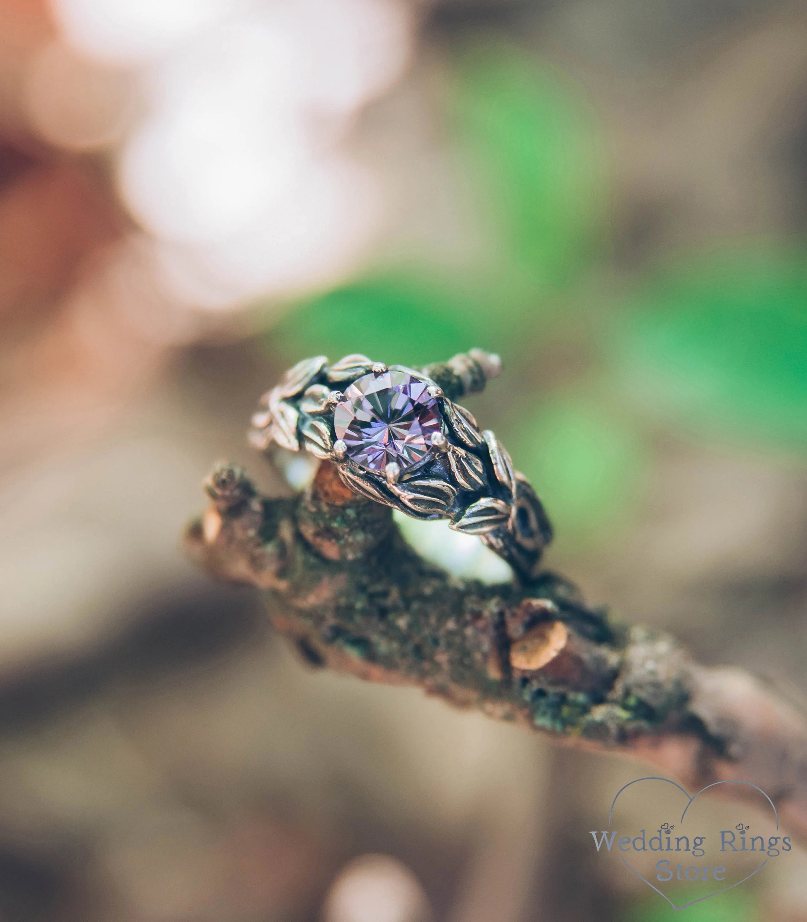 Dazzling Alexandrite Tree Branch and Leaves Silver Engagement Ring