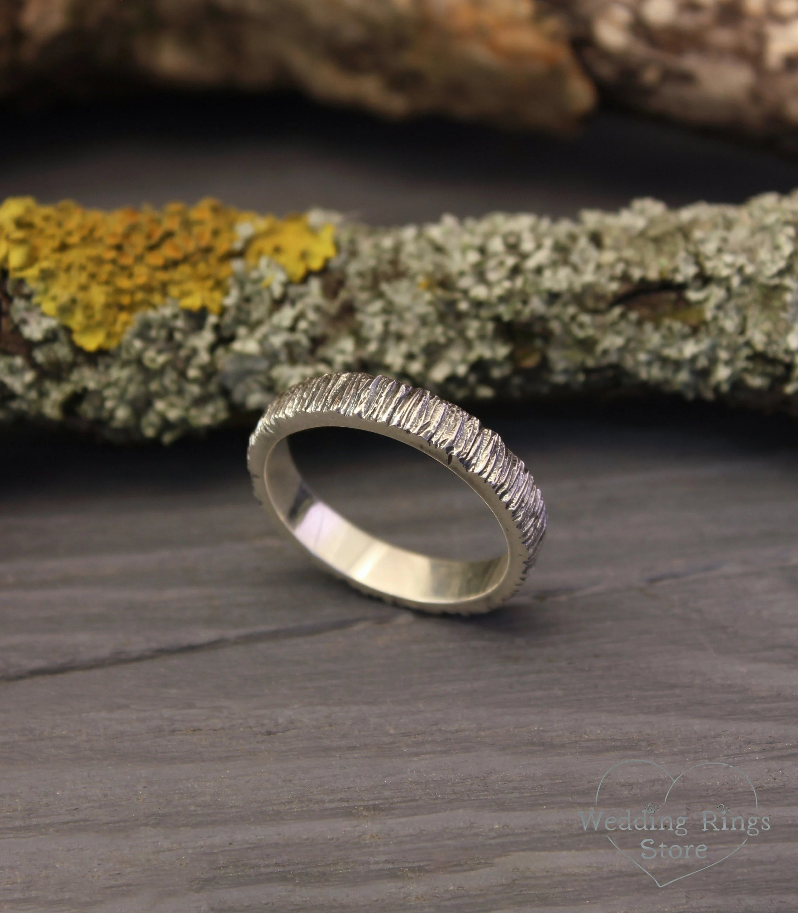 Simple Minimalist Tree bark Wedding Ring for Him & Her in Silver