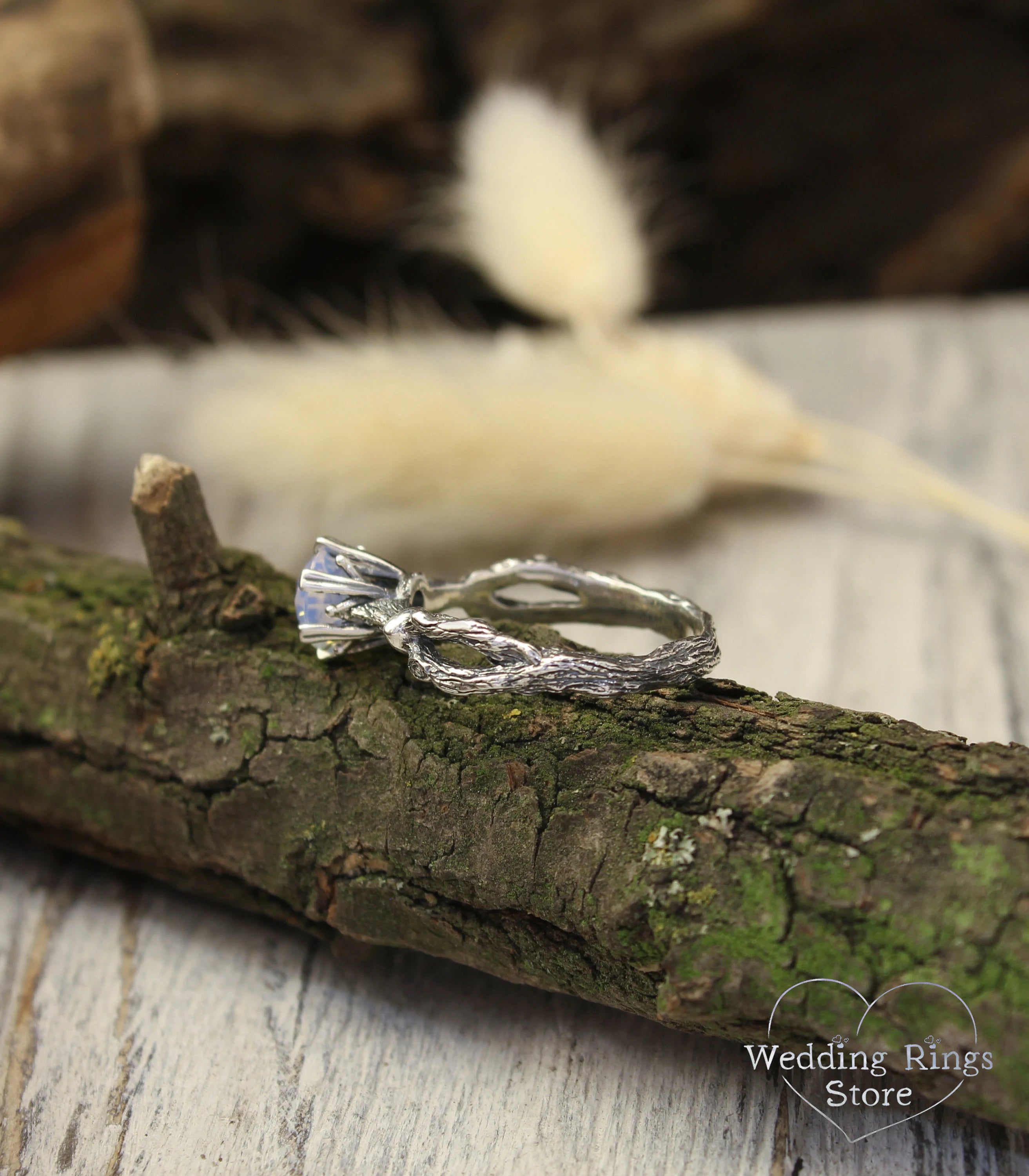 Moonstone Art deco Silver Twig Engagement  Ring for Her