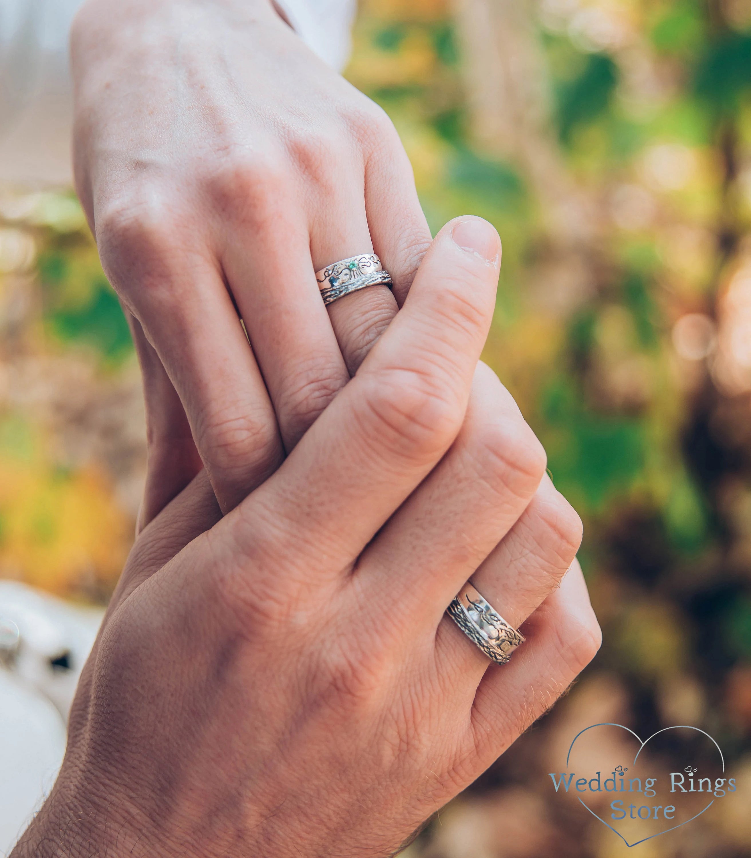 Family Tree matching Wedding Bands with Emerald