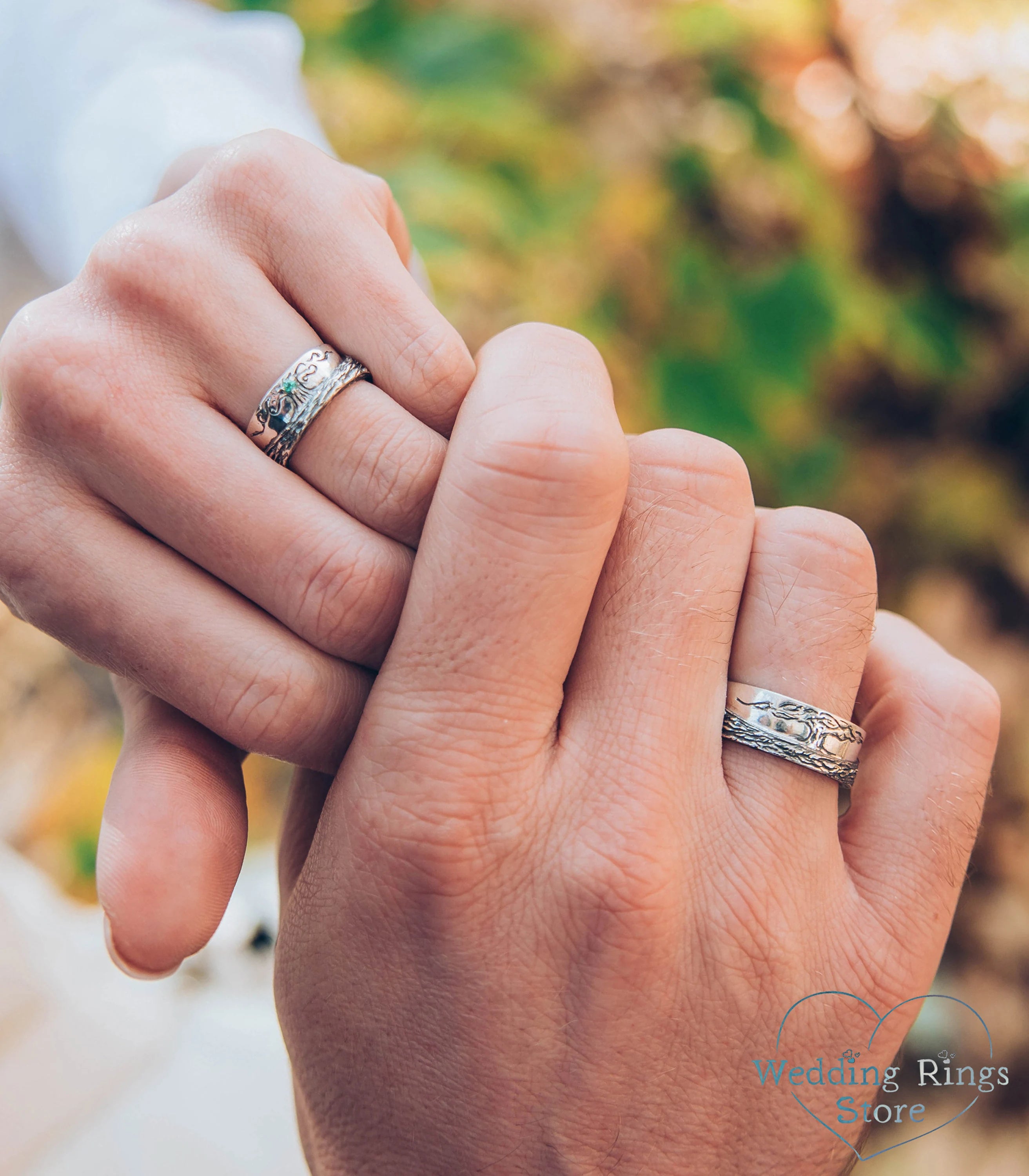 Family Tree matching Wedding Bands with Emerald