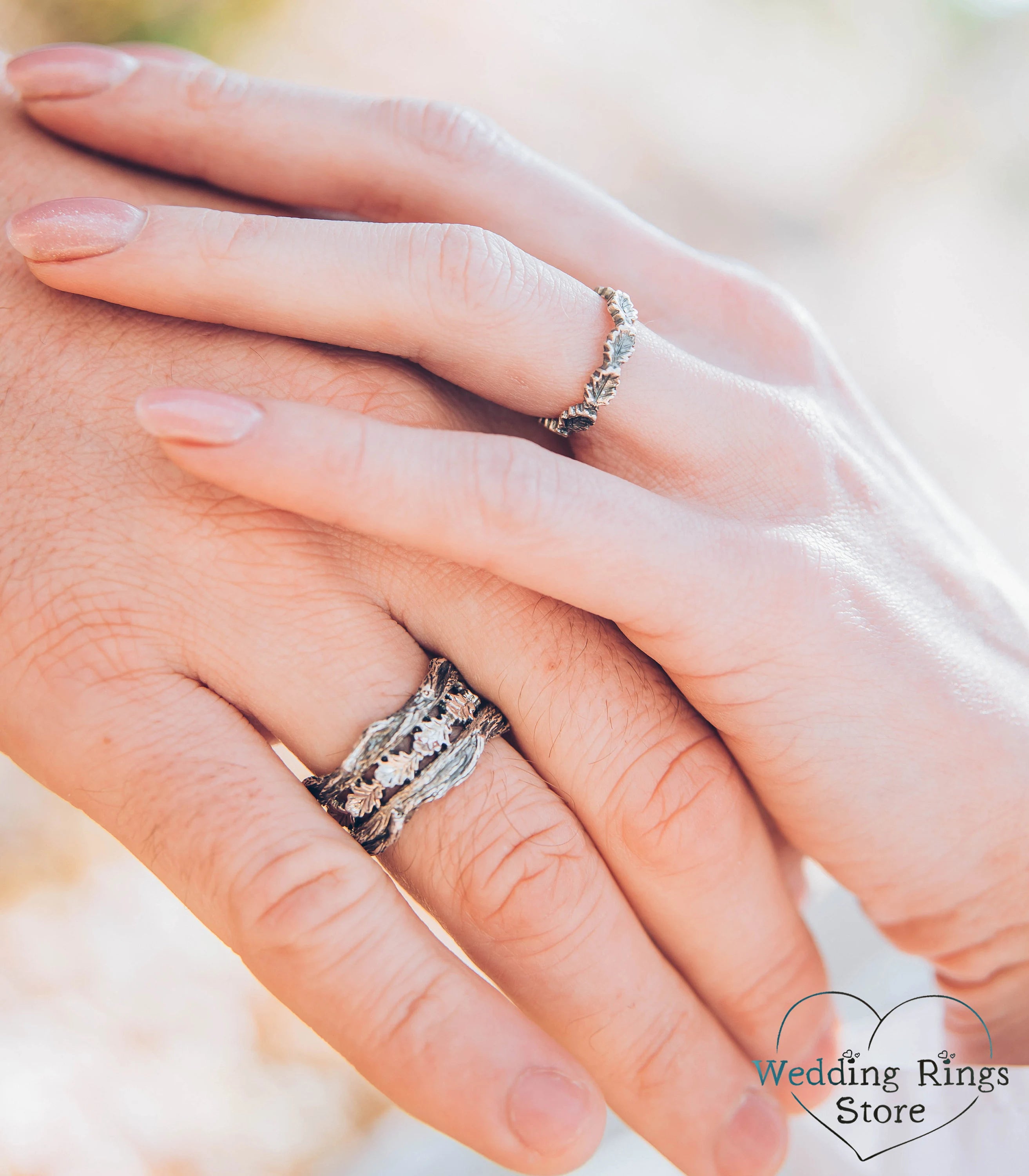 Forest Tree Branch and Oak Leaves Silver Wedding Bands Set