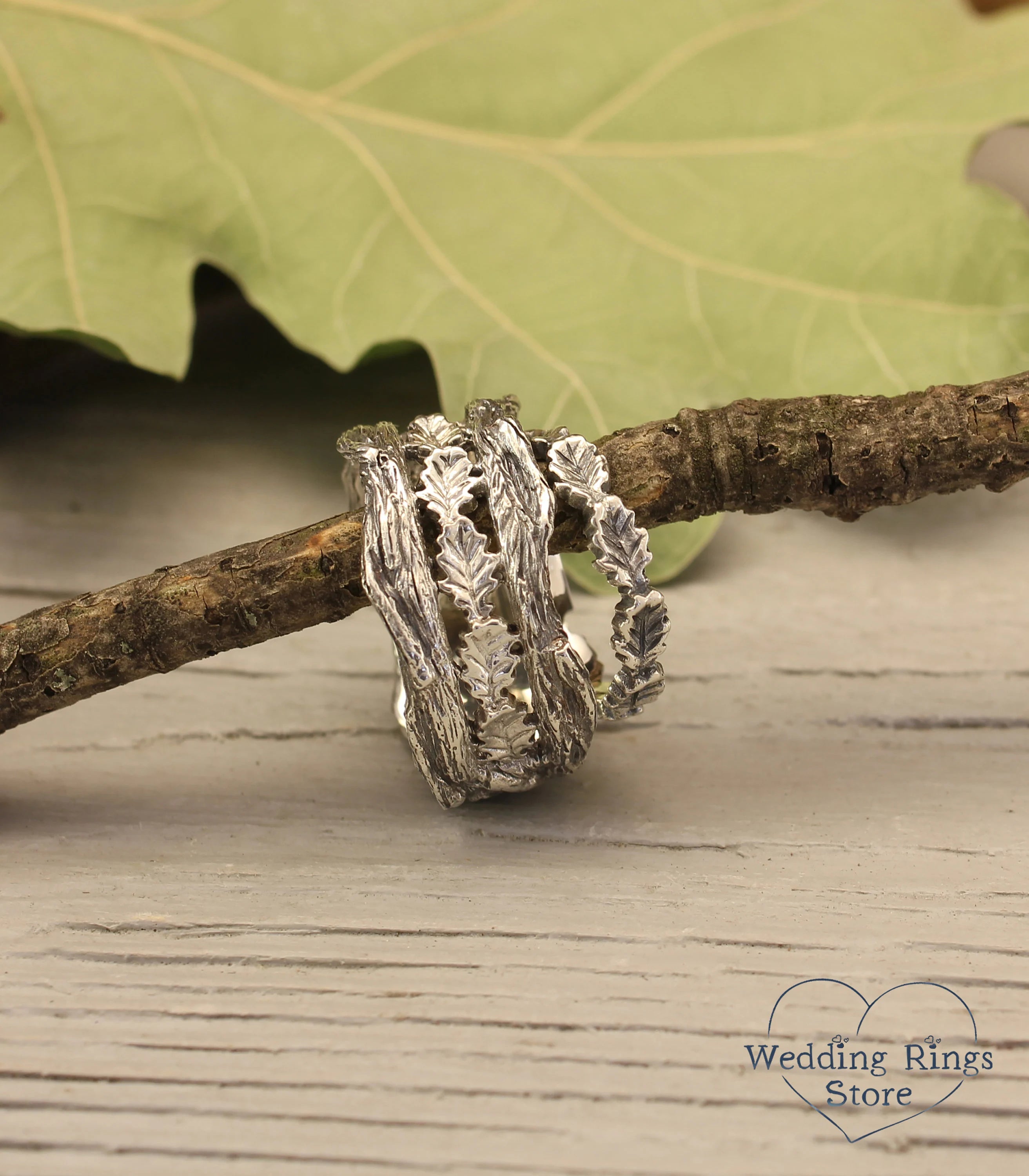 Forest Tree Branch and Oak Leaves Silver Wedding Bands Set