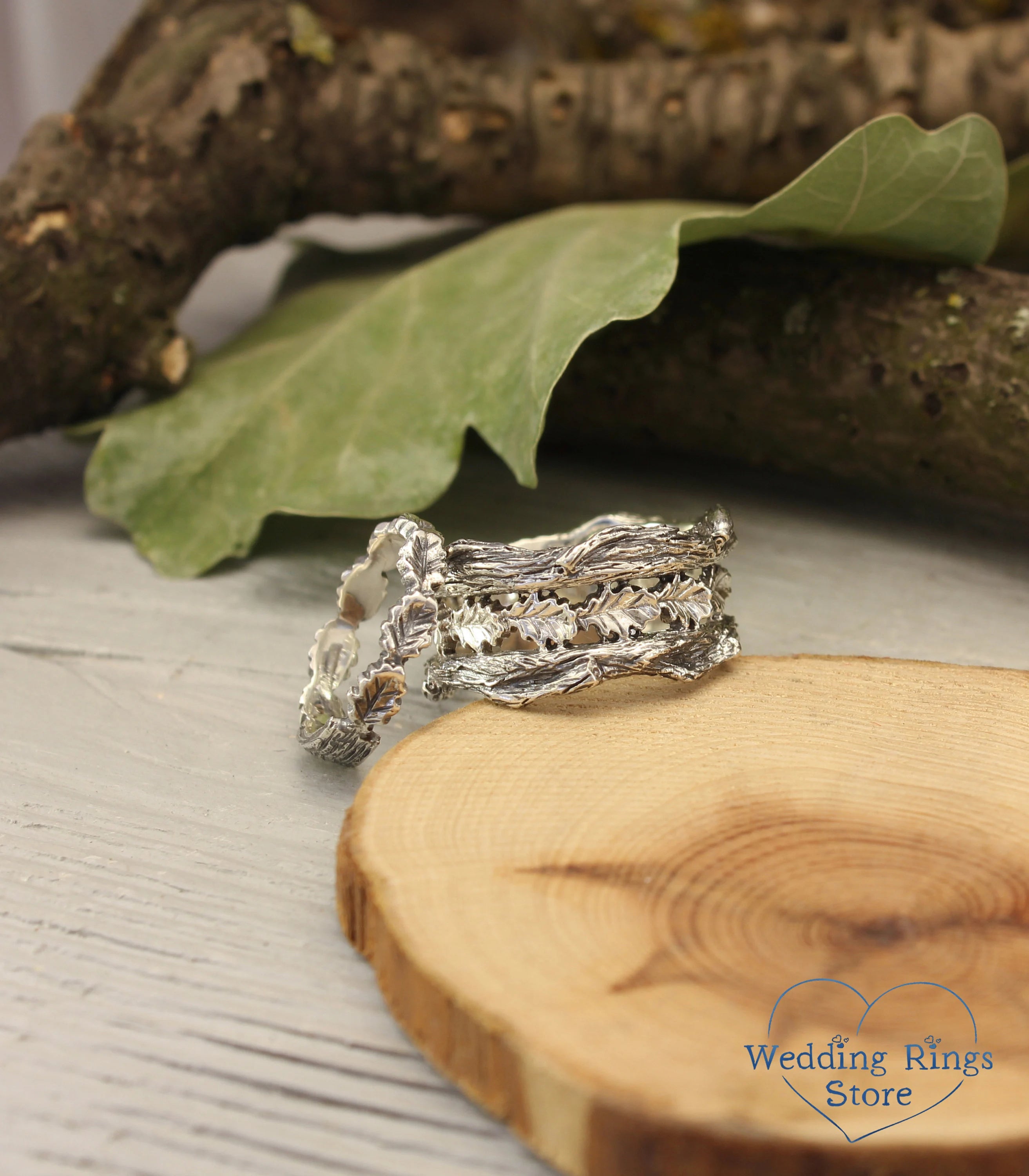 Forest Tree Branch and Oak Leaves Silver Wedding Bands Set