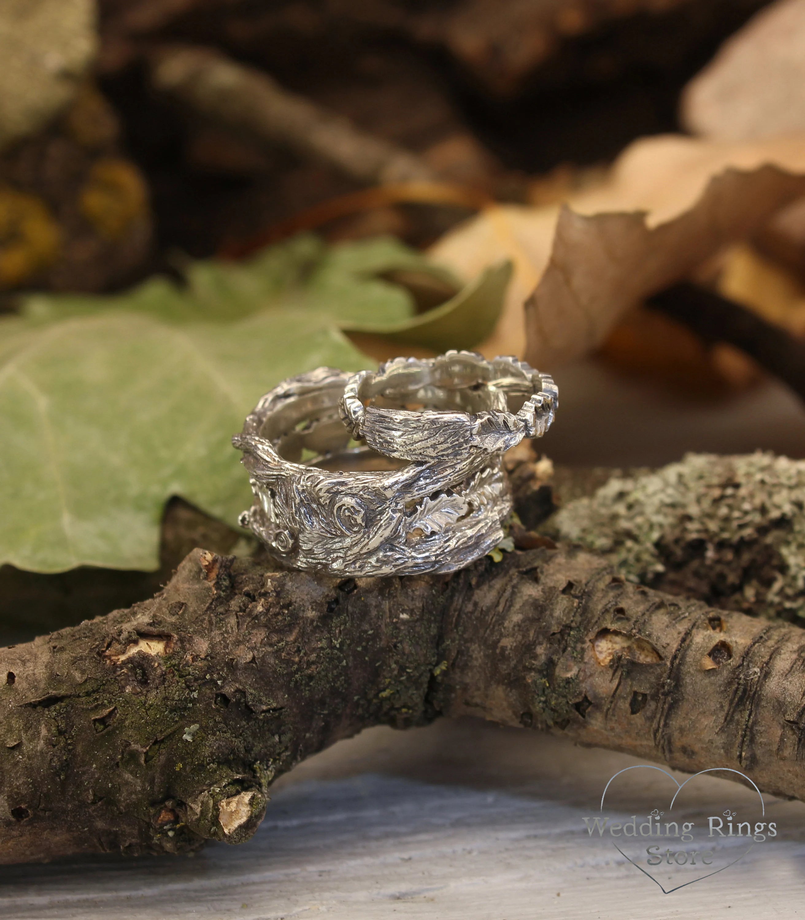 Forest Tree Branch and Oak Leaves Silver Wedding Bands Set