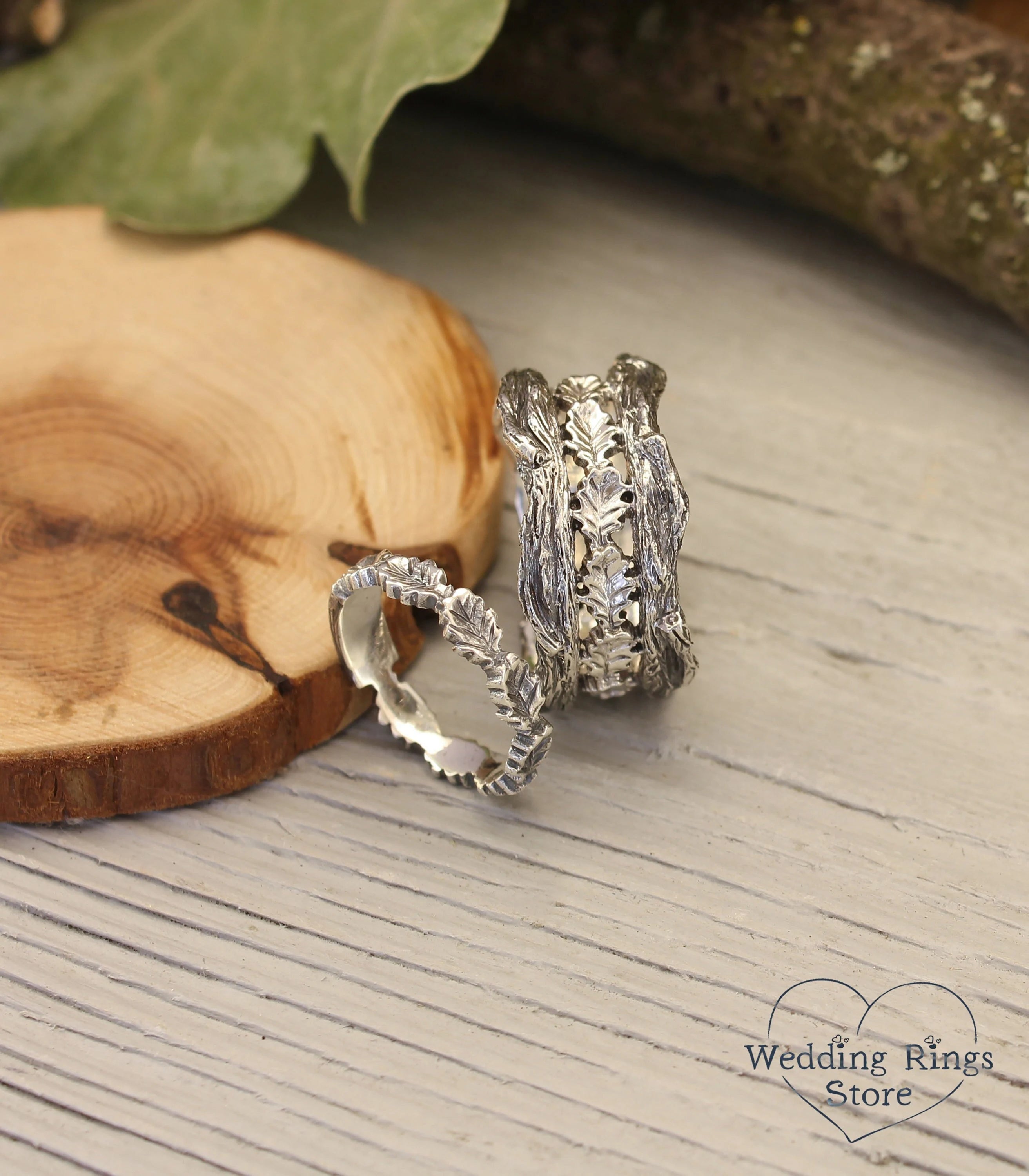 Forest Tree Branch and Oak Leaves Silver Wedding Bands Set