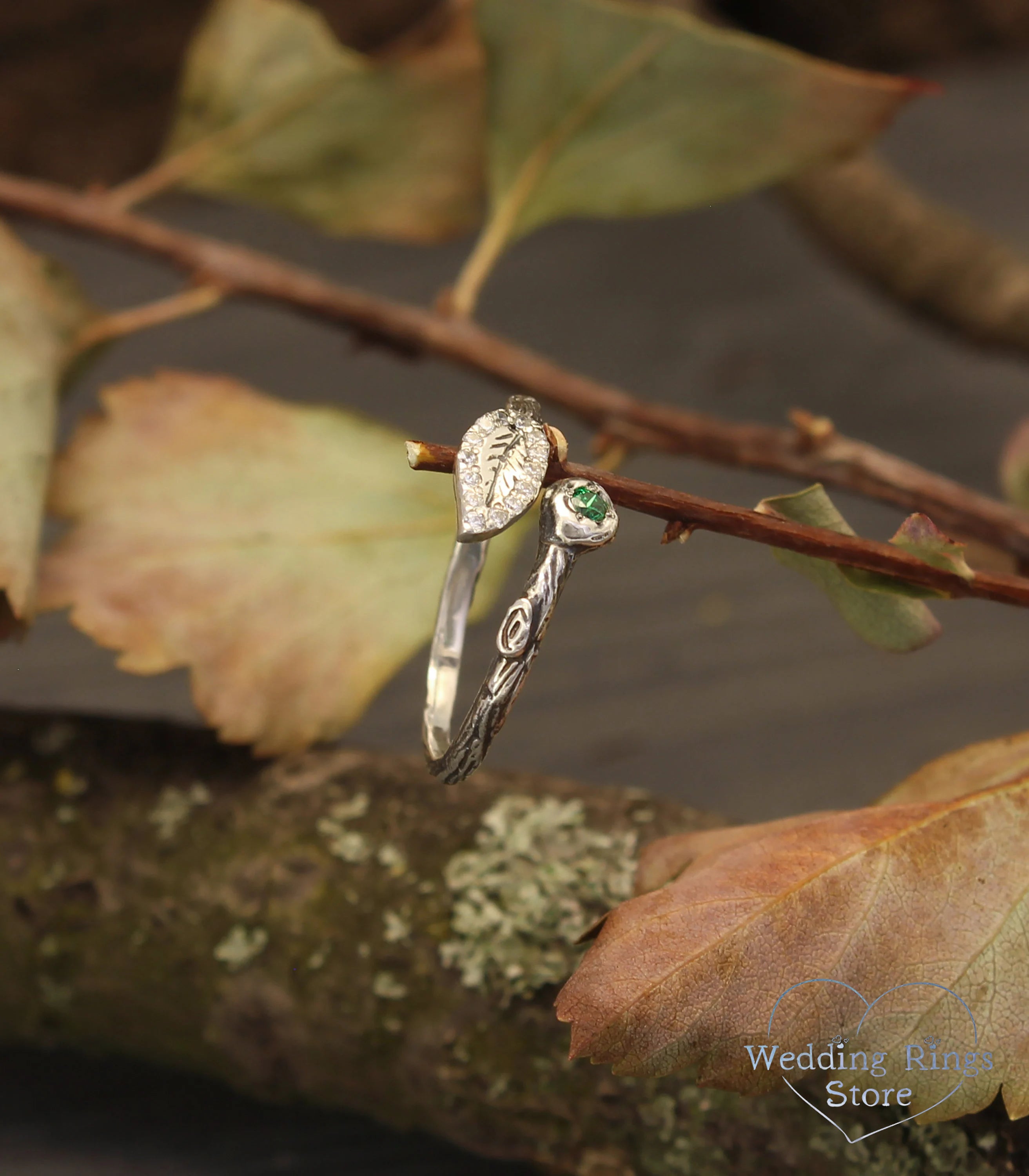 Thin Dainty Silver Twig Wrap Ring with Emerald and Leaf