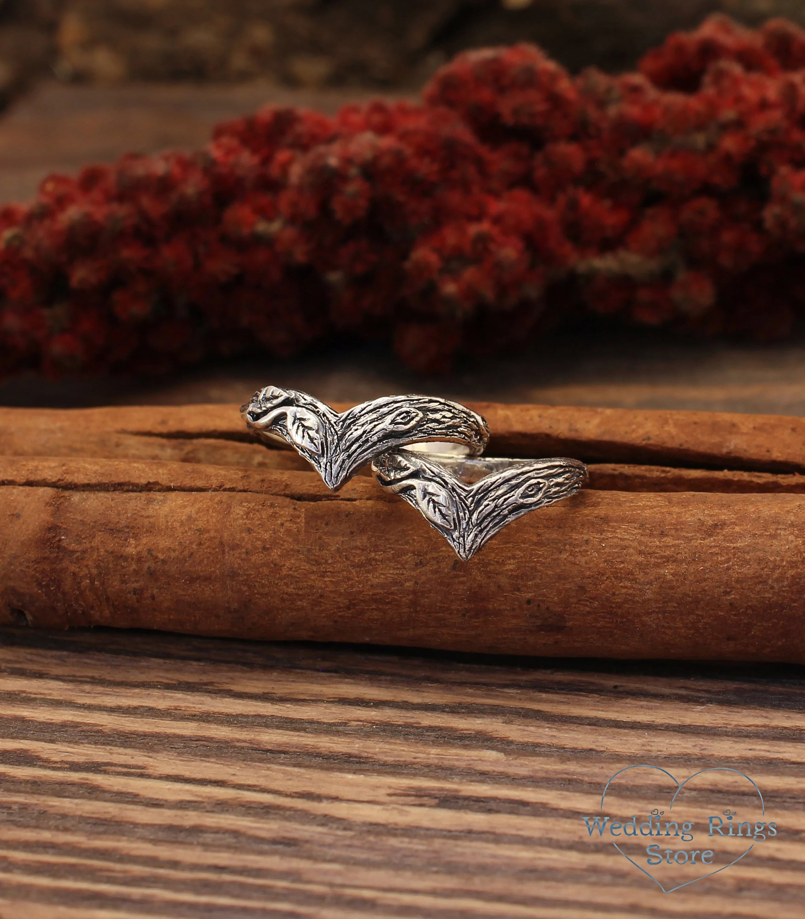 Leaves & Branch Chevron Wedding Bands Set