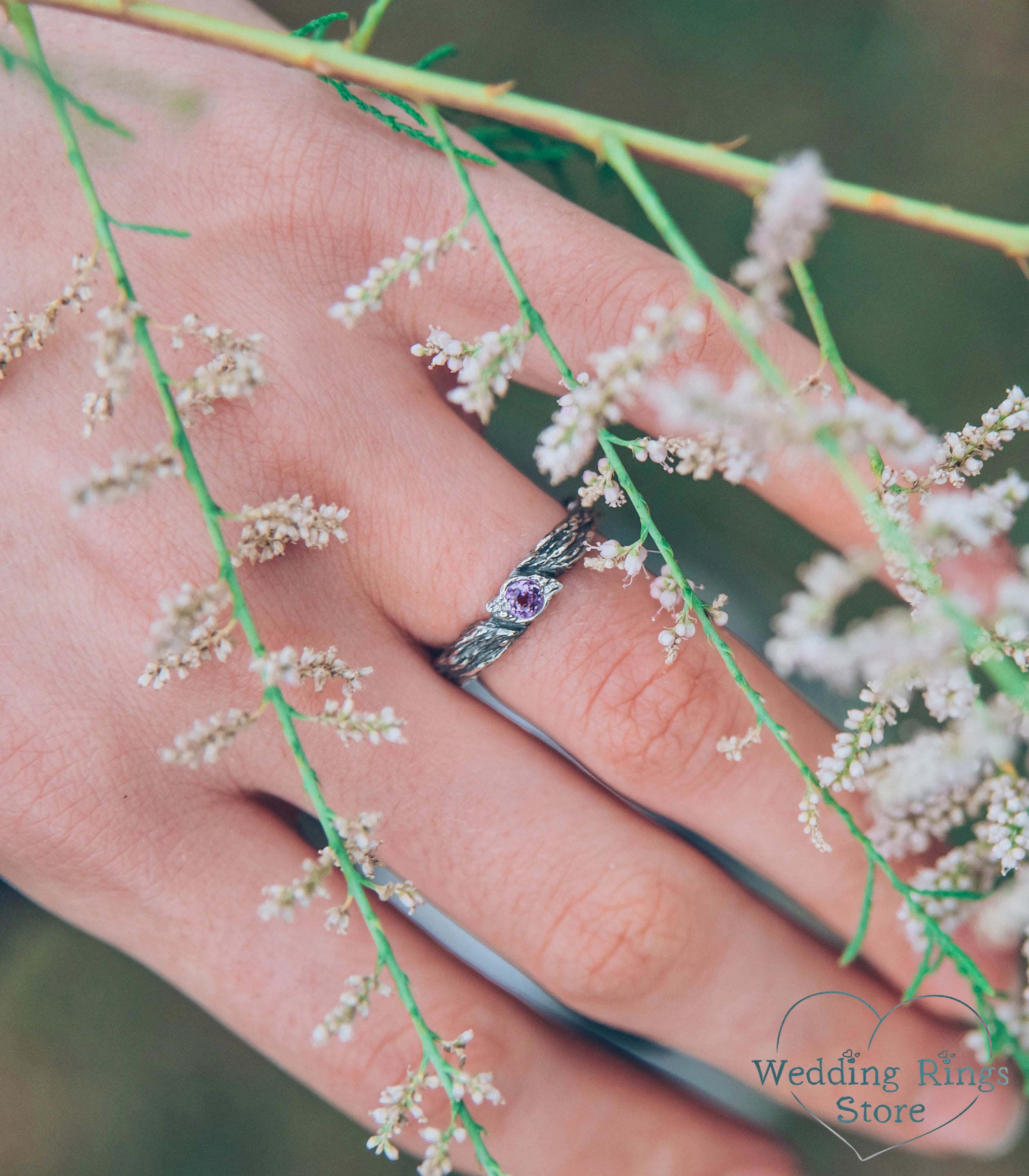 Women's Unique Twig Engagement Ring with Amethyst Leaf