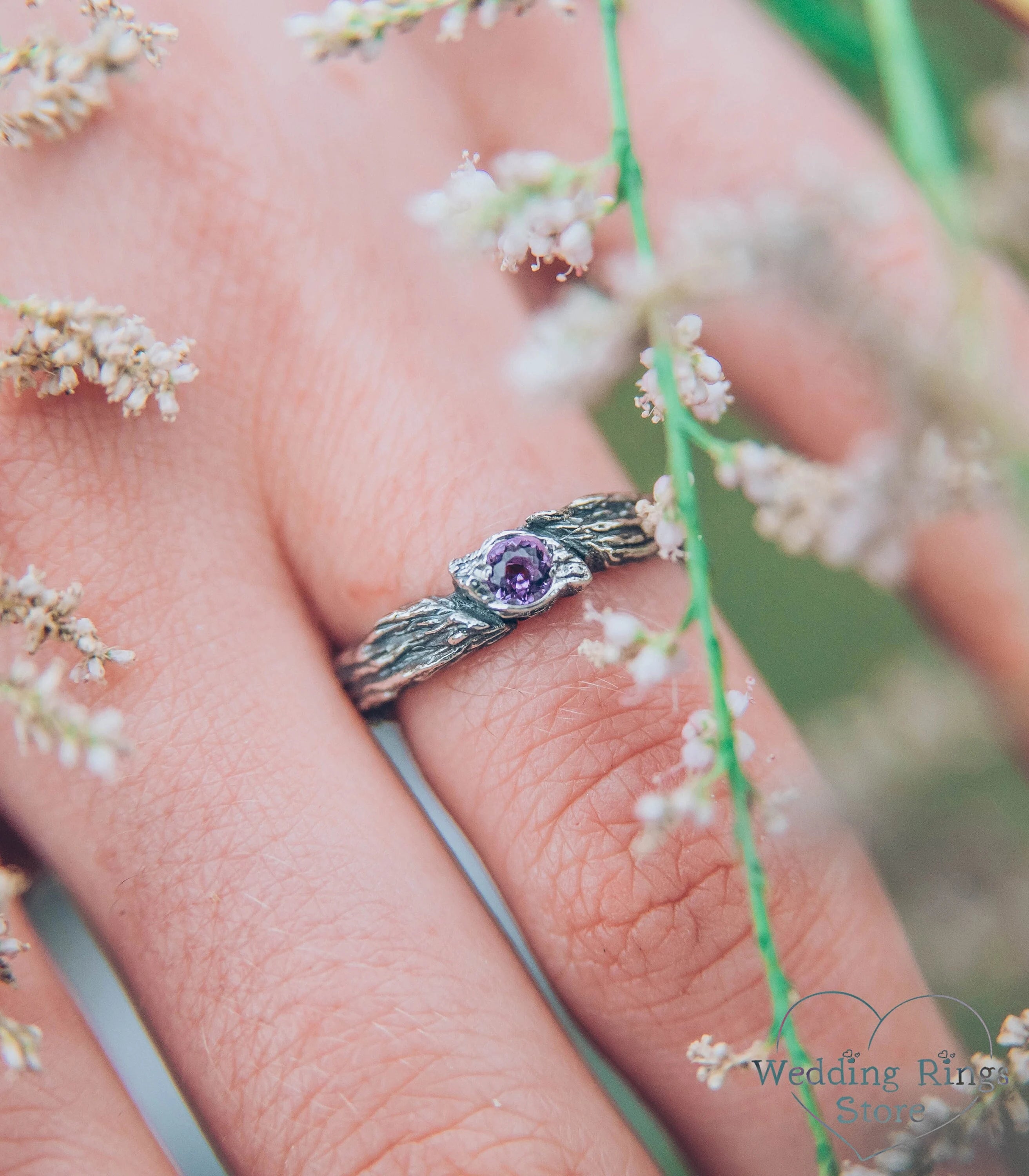 Women's Unique Twig Engagement Ring with Amethyst Leaf