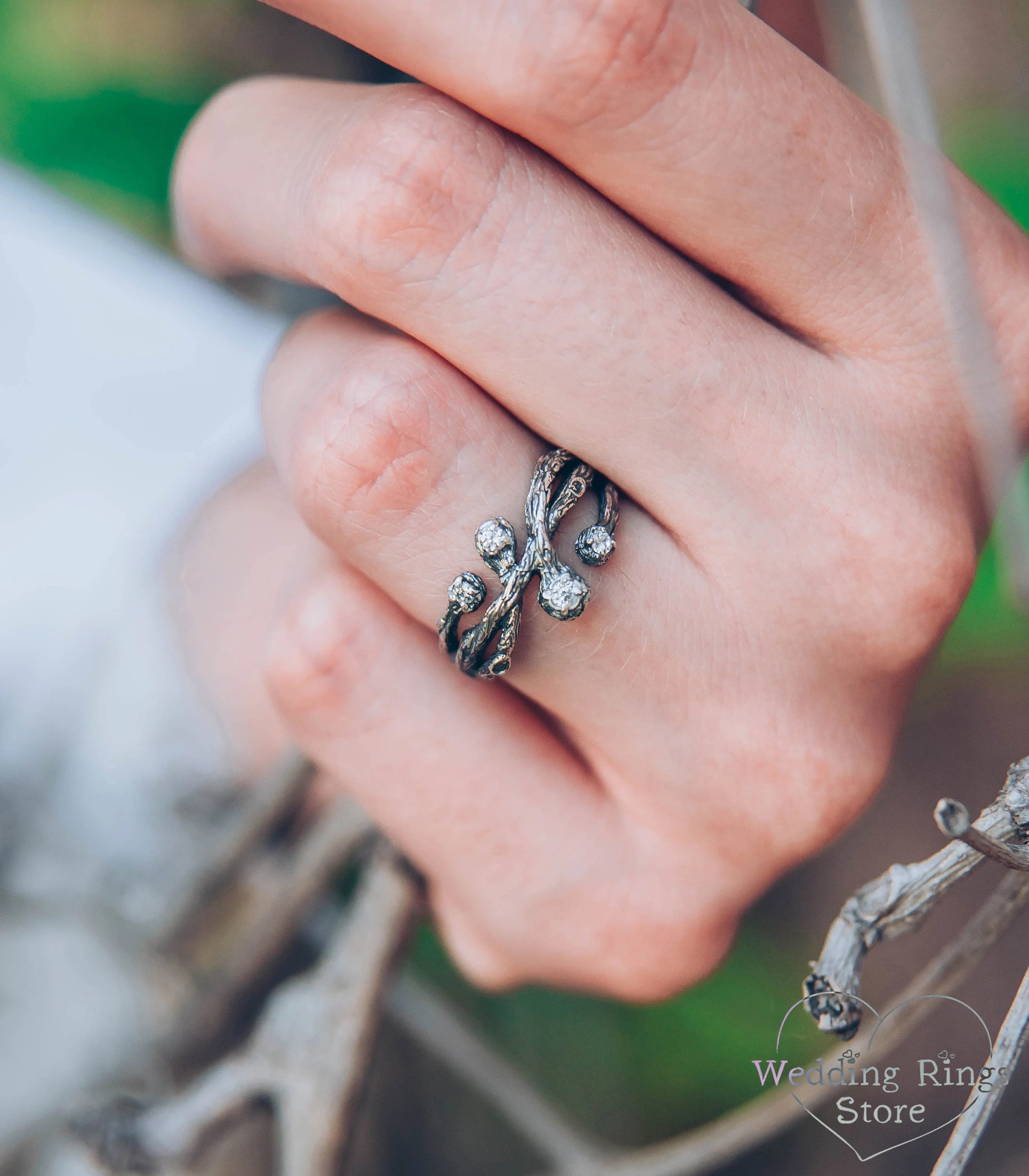 Intertwined Silver Branch Ring with 4 Gemstones