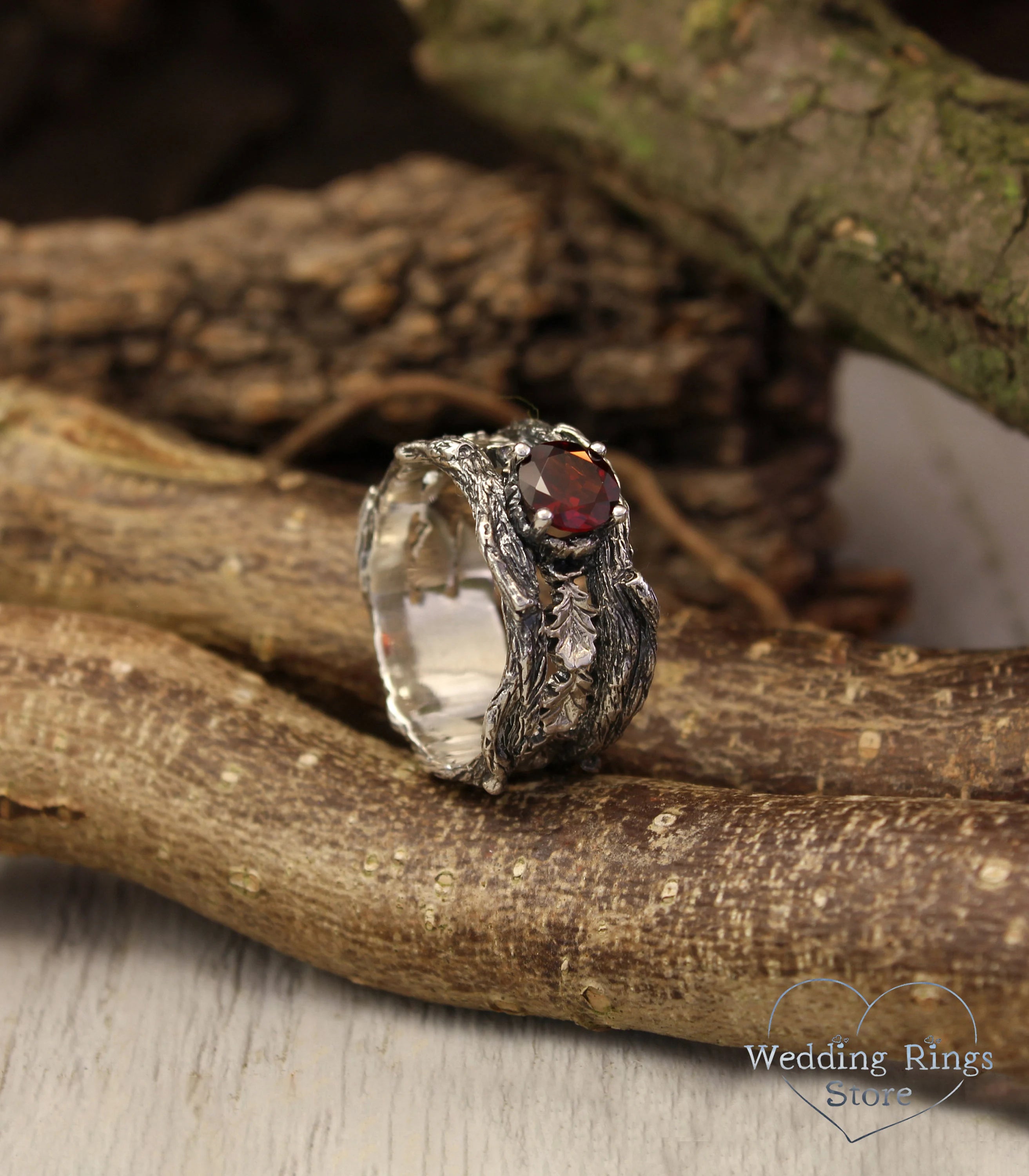 Large Garnet with Branch and Oak Leaves Heavy Wedding Band