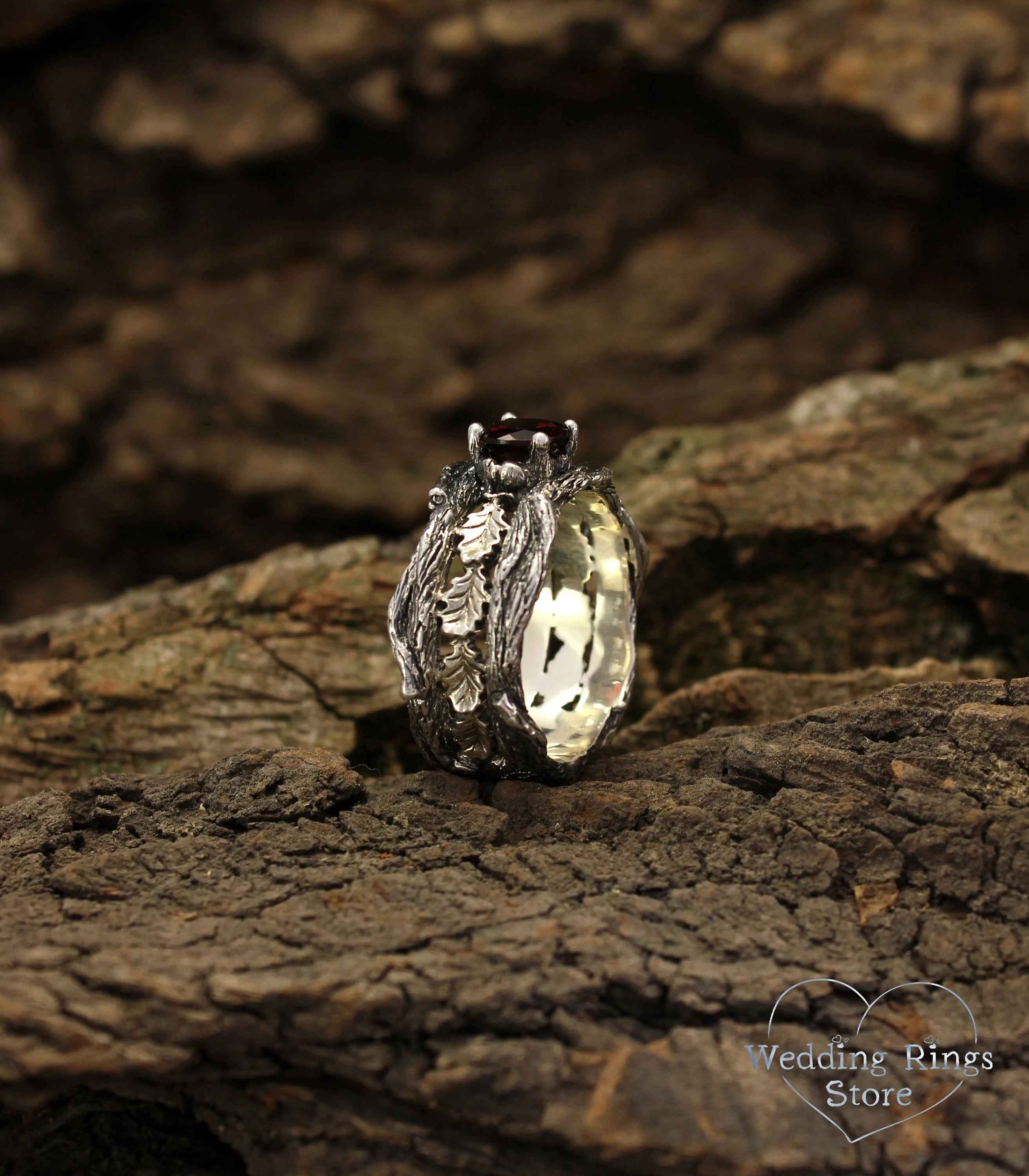 Large Garnet with Branch and Oak Leaves Heavy Wedding Band