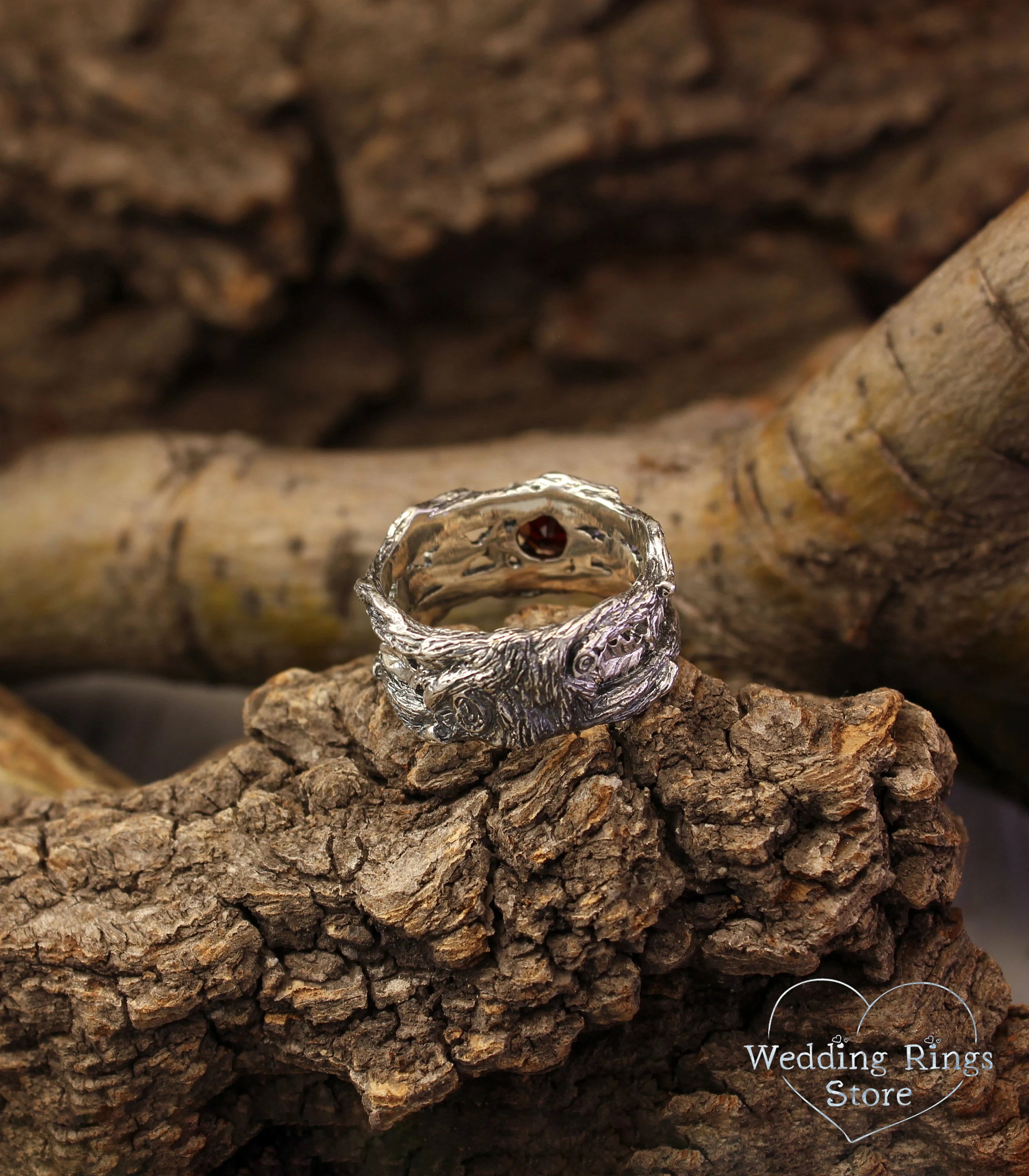 Large Garnet with Branch and Oak Leaves Heavy Wedding Band