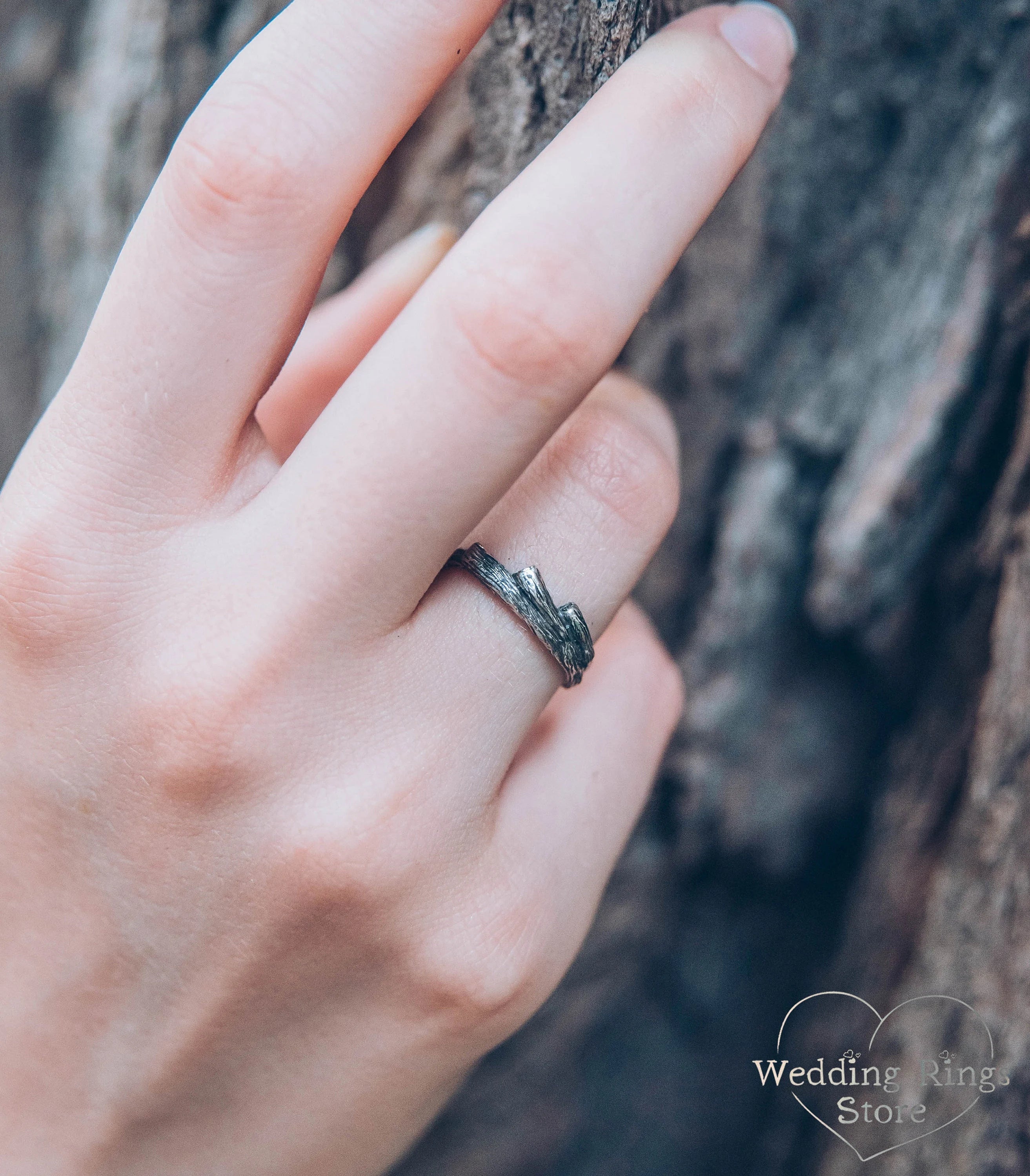 Three Small Branches Rustic Silver Wedding Ring