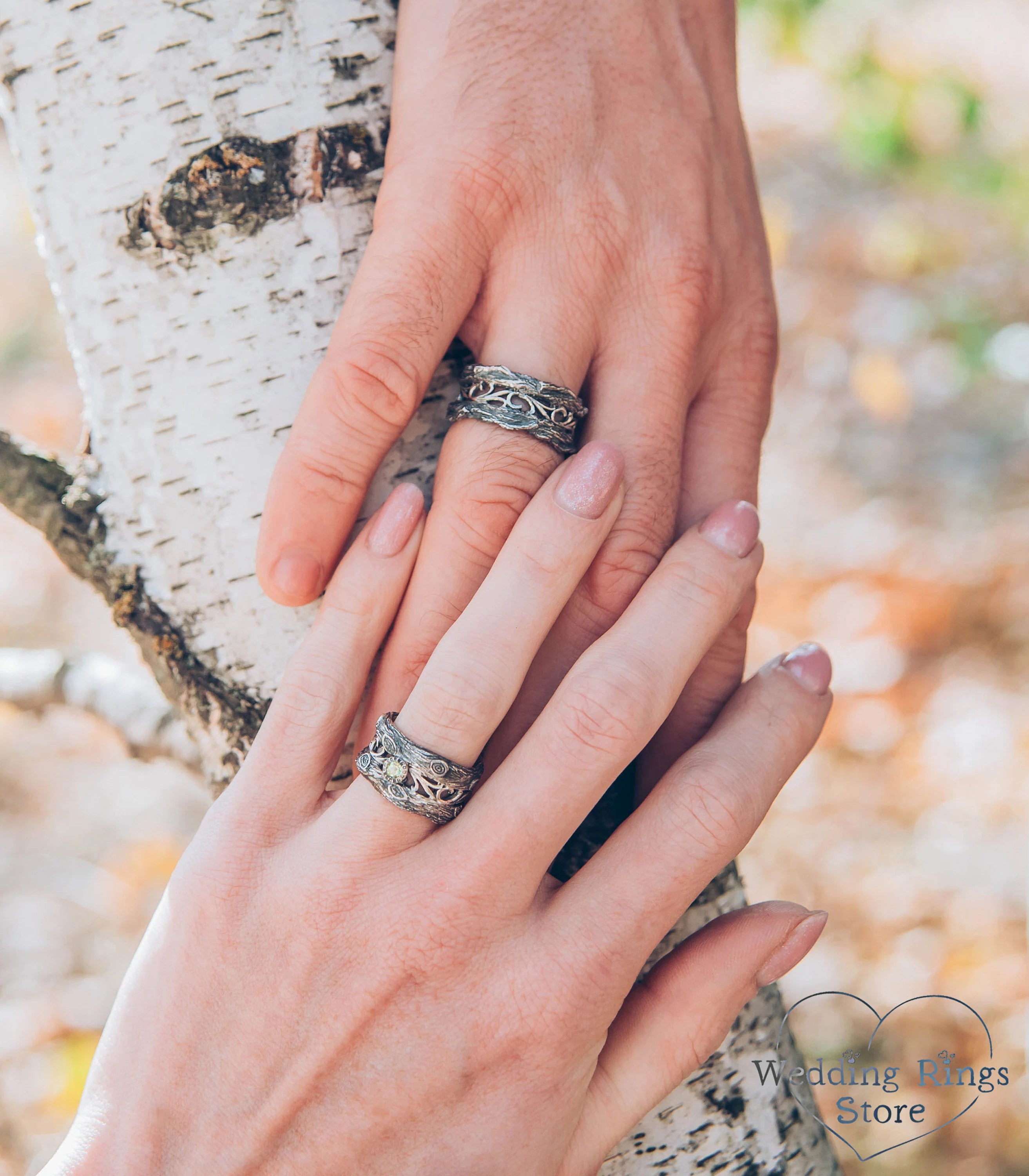 Unusual Forest Tree Silver Wedding Bands Set with Emerald