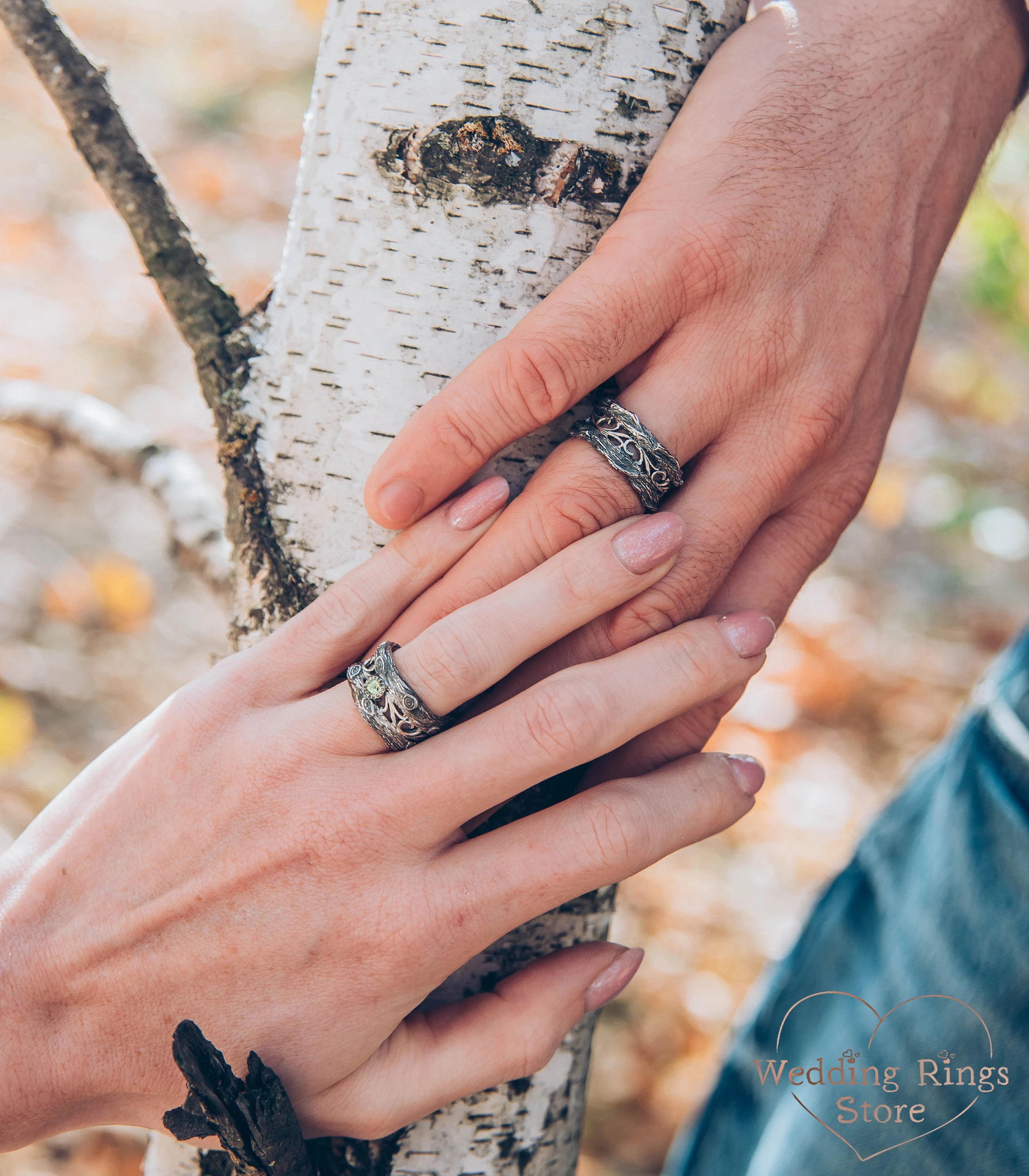 Unusual Forest Tree Silver Wedding Bands Set with Emerald