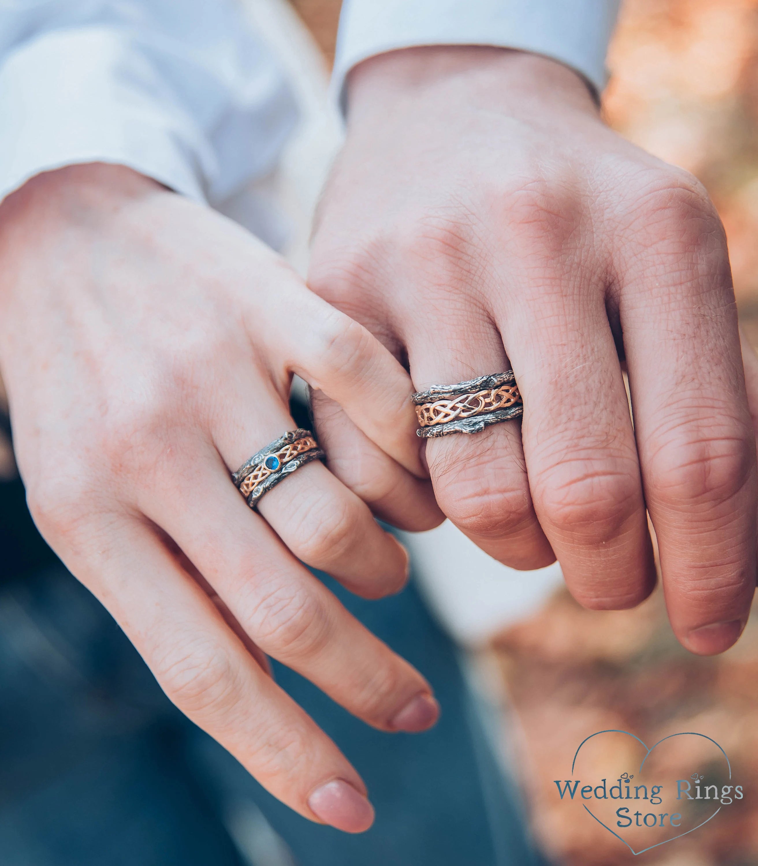 Celtic pattern and Tree bark matching Wedding Bands with Sapphire