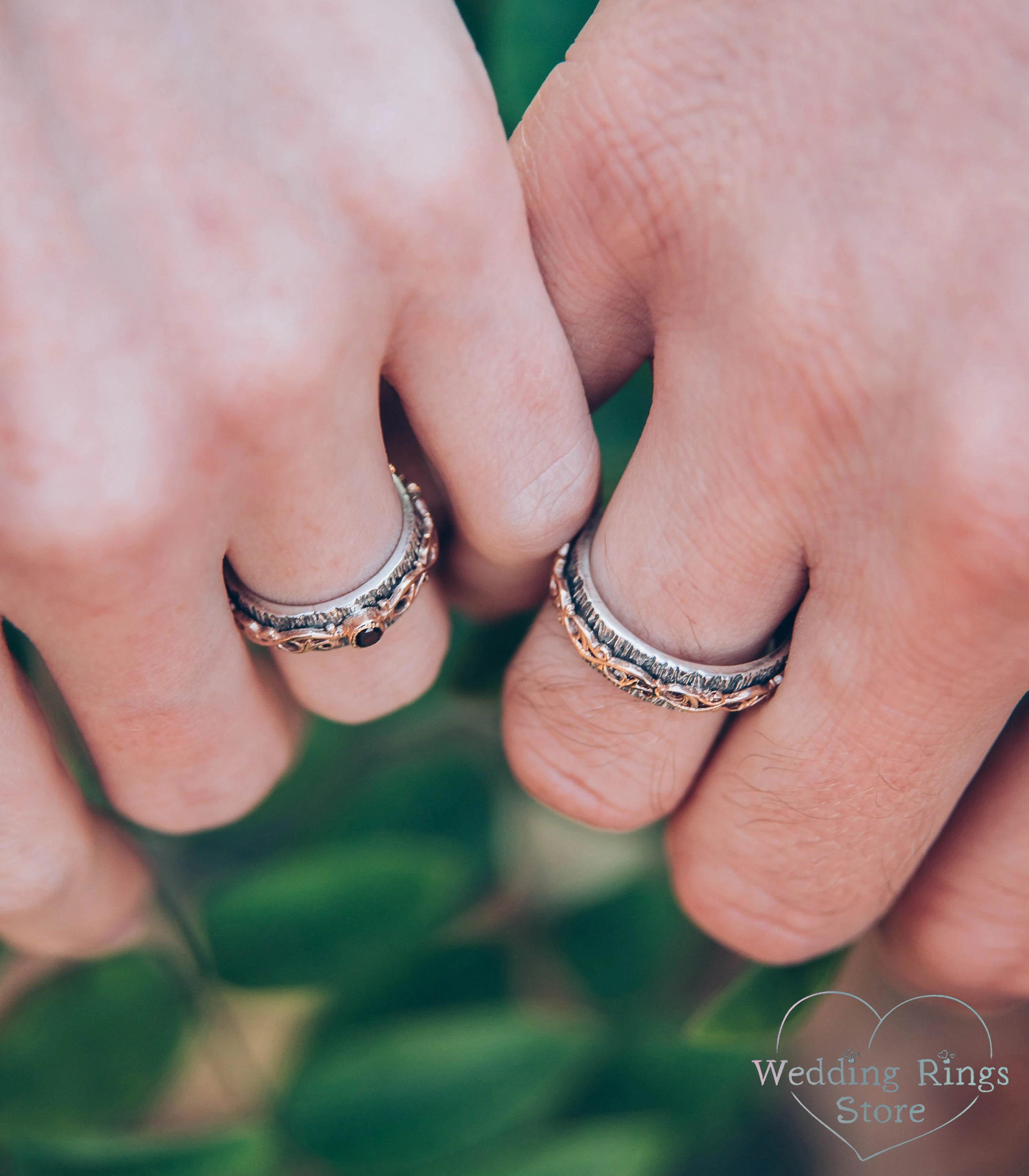 Gold Vine on Silver Woodbark Couple Wedding Bands Set