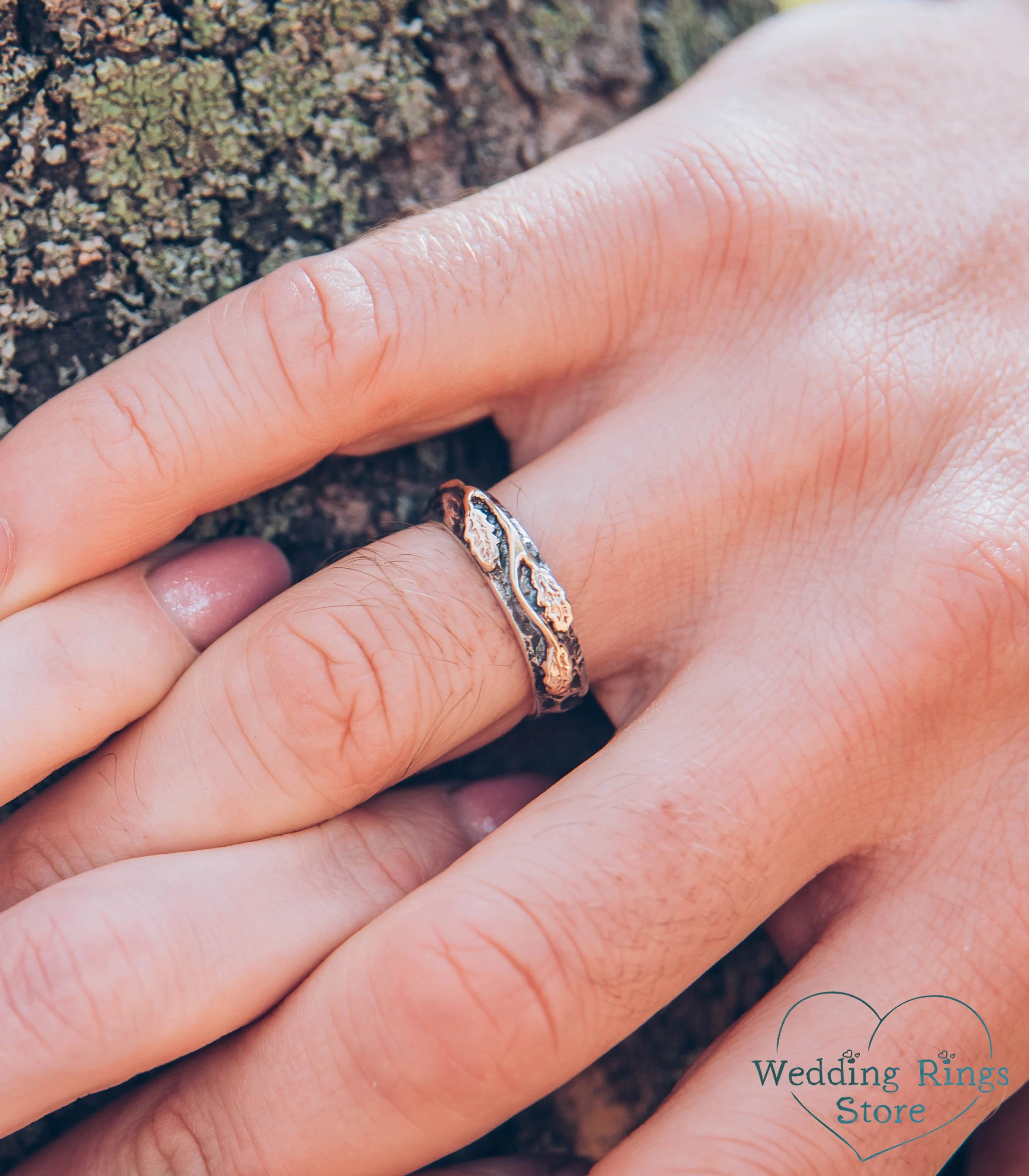 Golden Oak Leaves Silver matching Wedding Bands Set