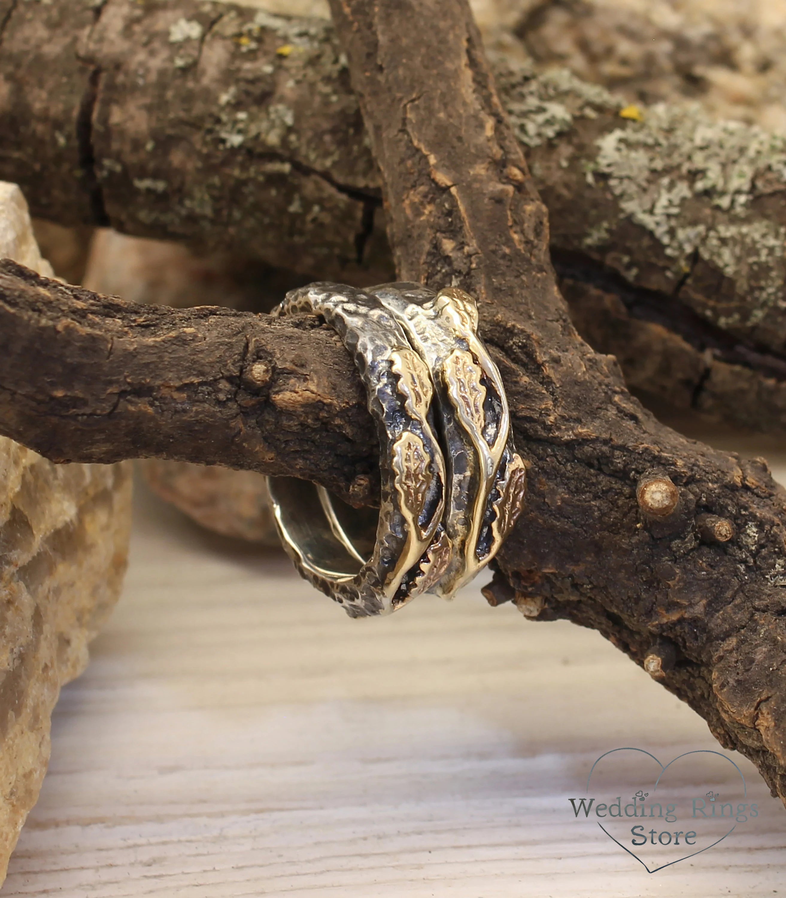 Golden Oak Leaves Silver matching Wedding Bands Set