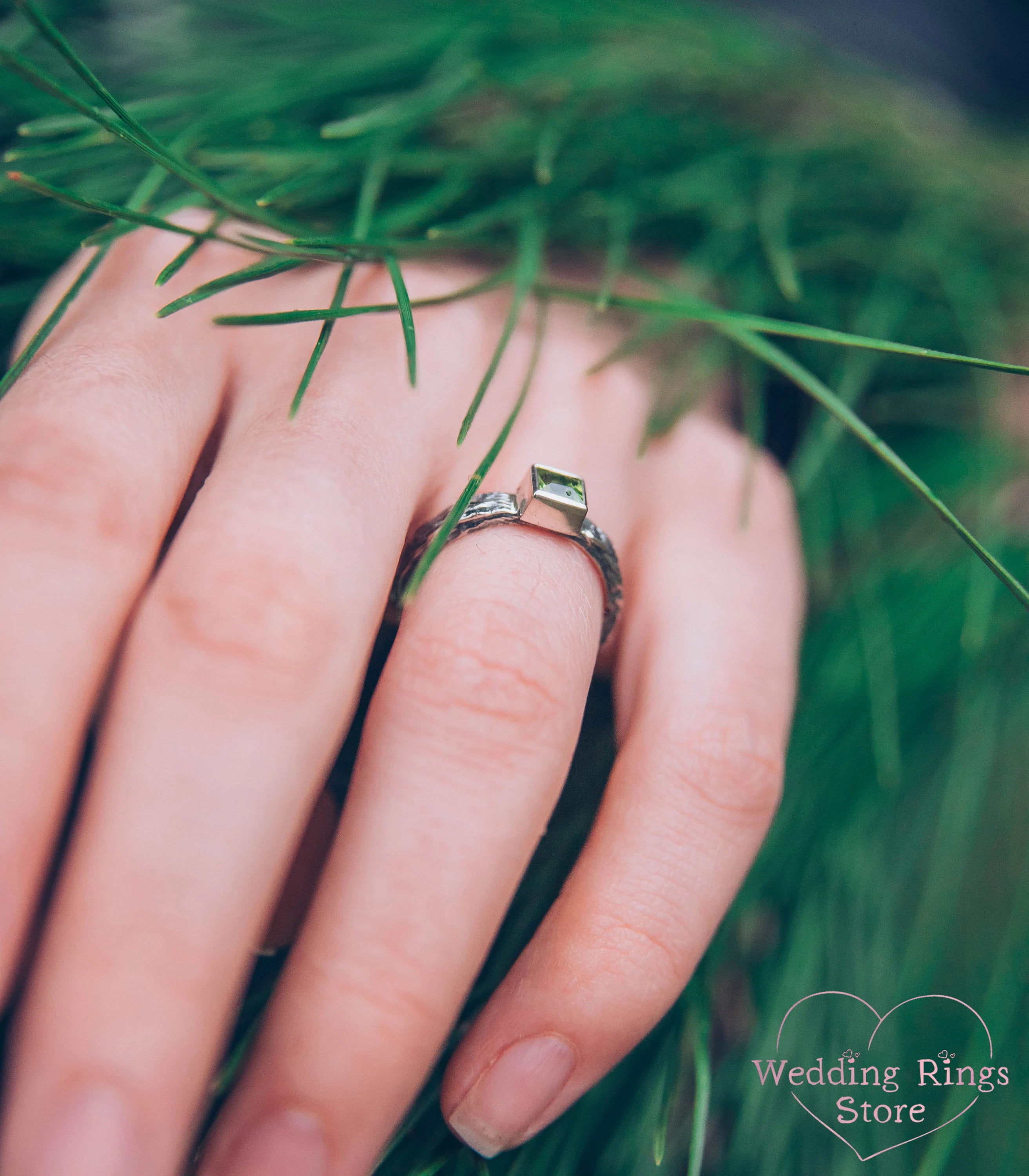 Silver Tree & Square Peridot Engagement Ring