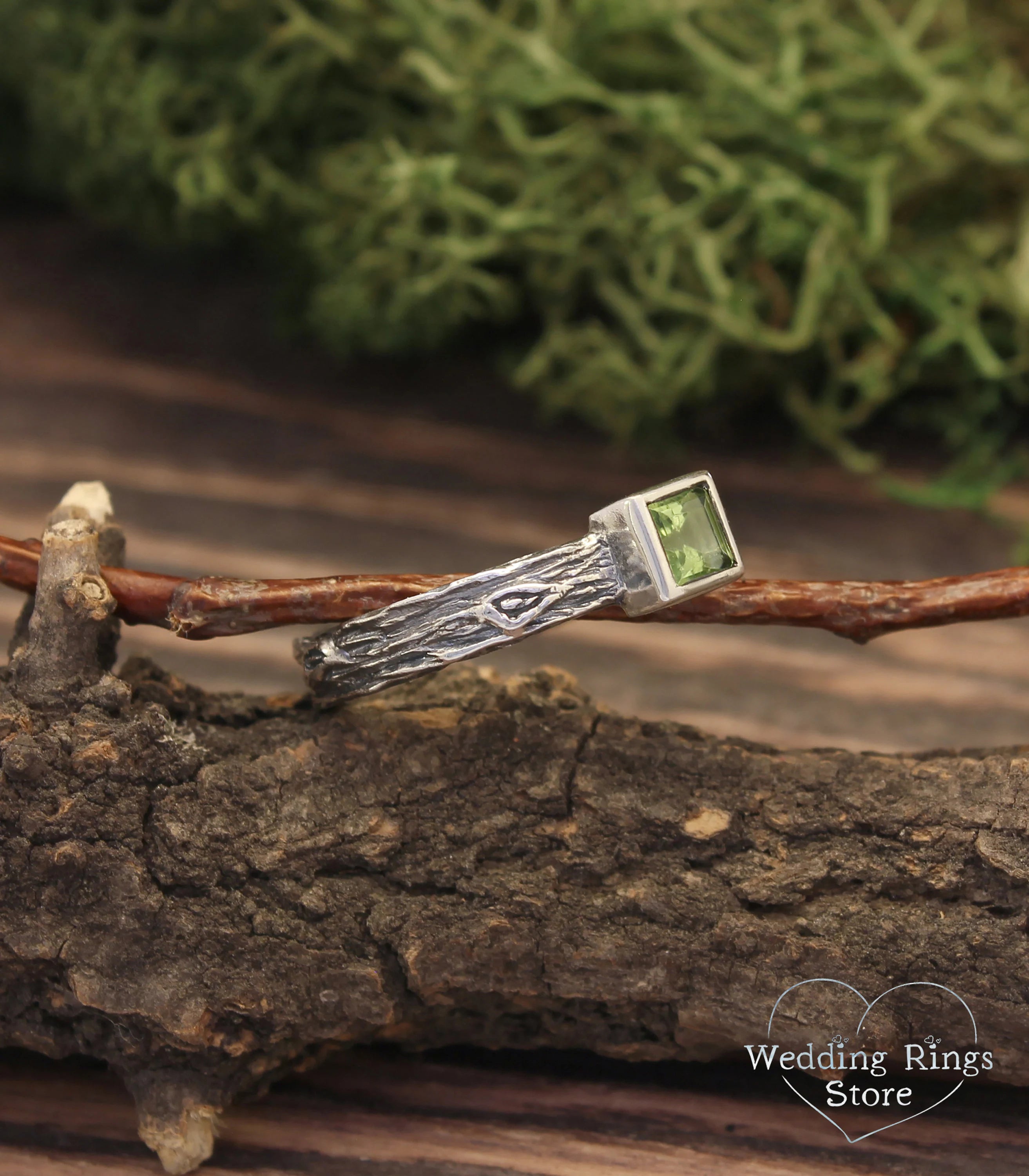 Silver Tree & Square Peridot Engagement Ring