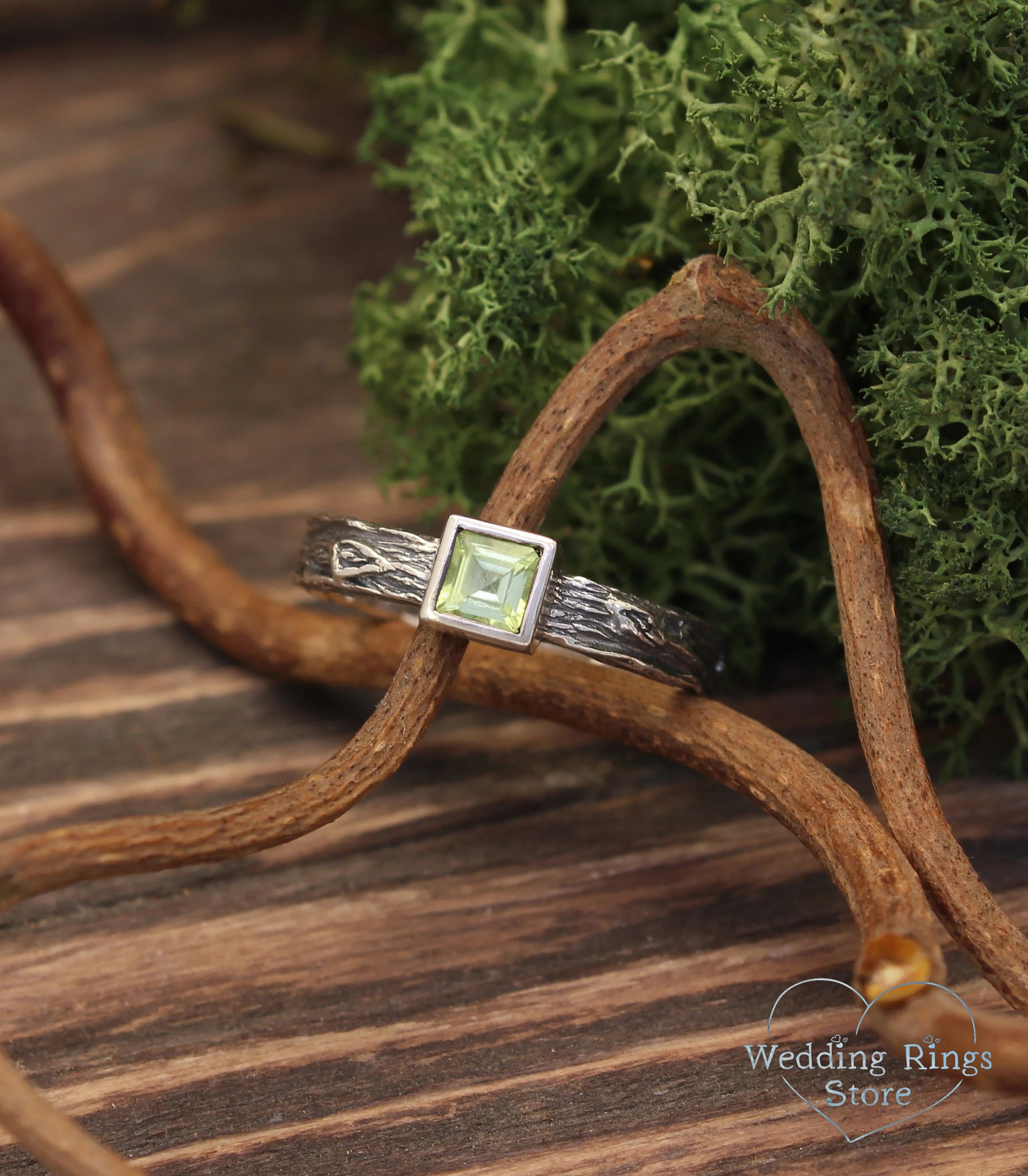 Silver Tree & Square Peridot Engagement Ring