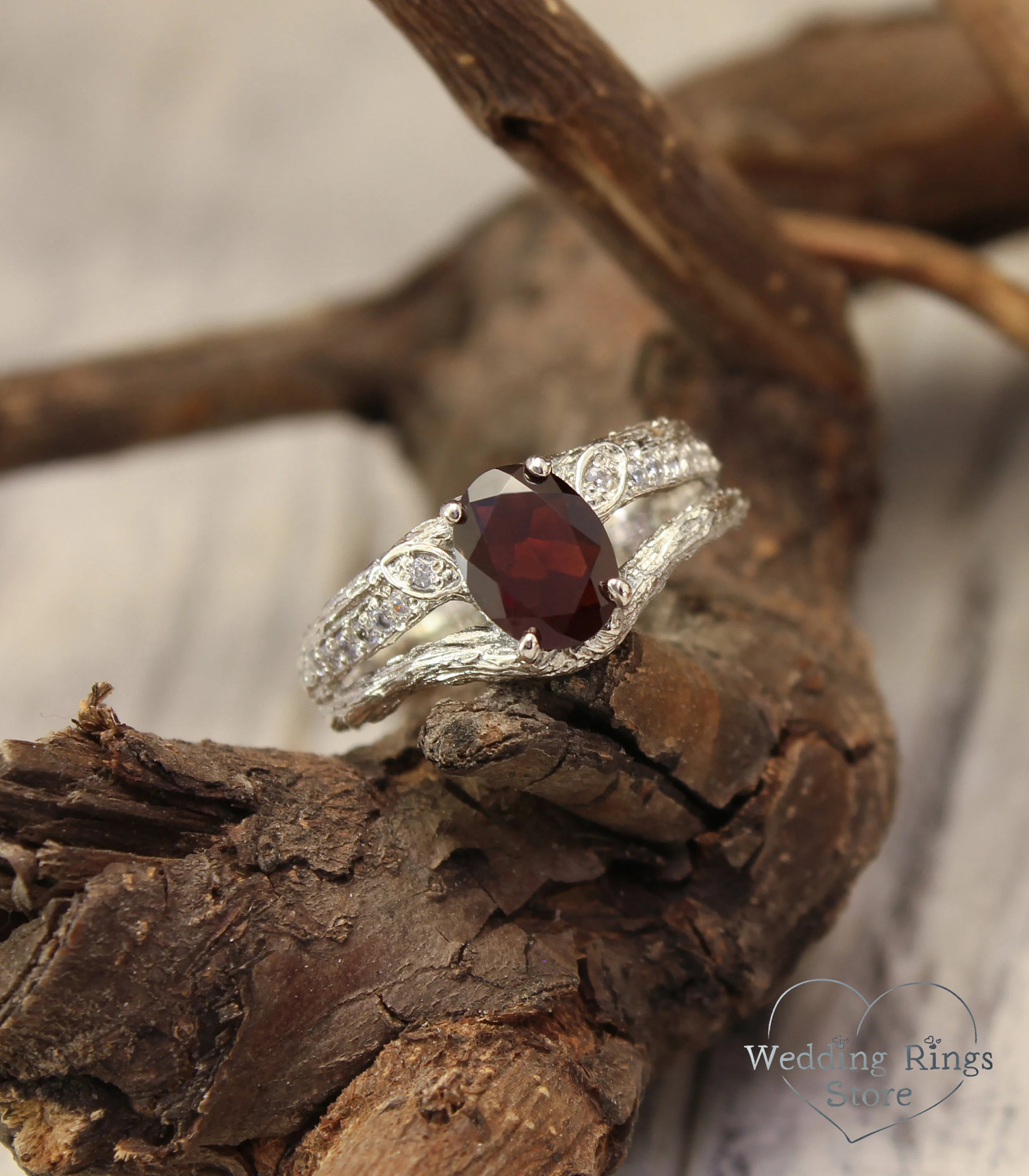 Split Silver Twig Garnet Proposal Ring with Side Stones