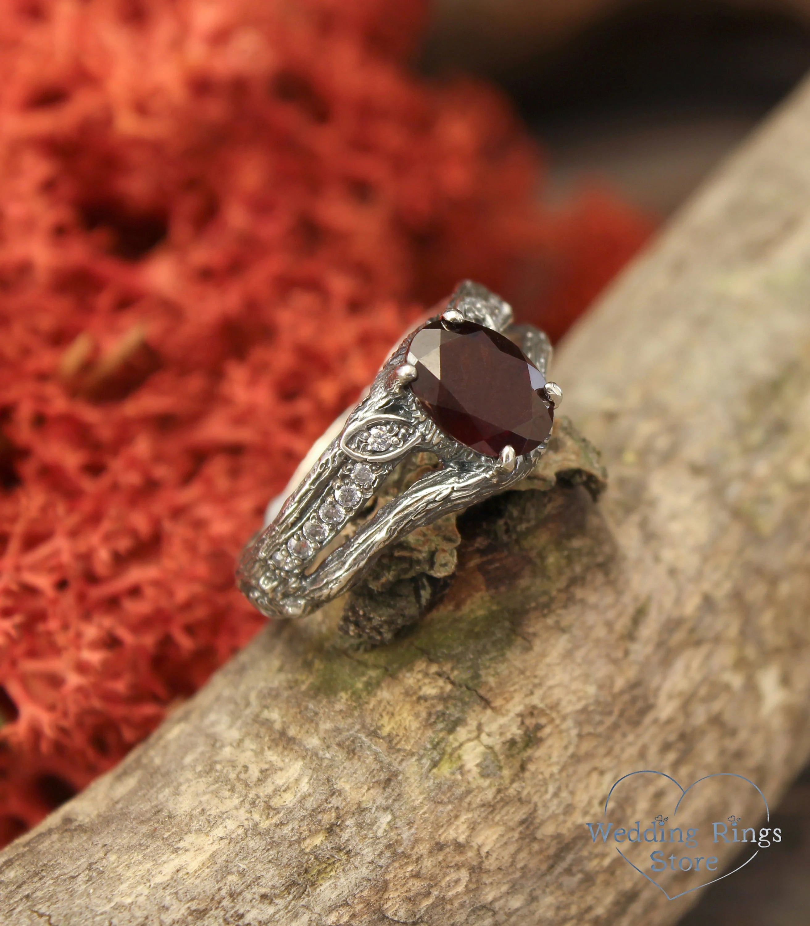 Split Silver Twig Garnet Proposal Ring with Side Stones