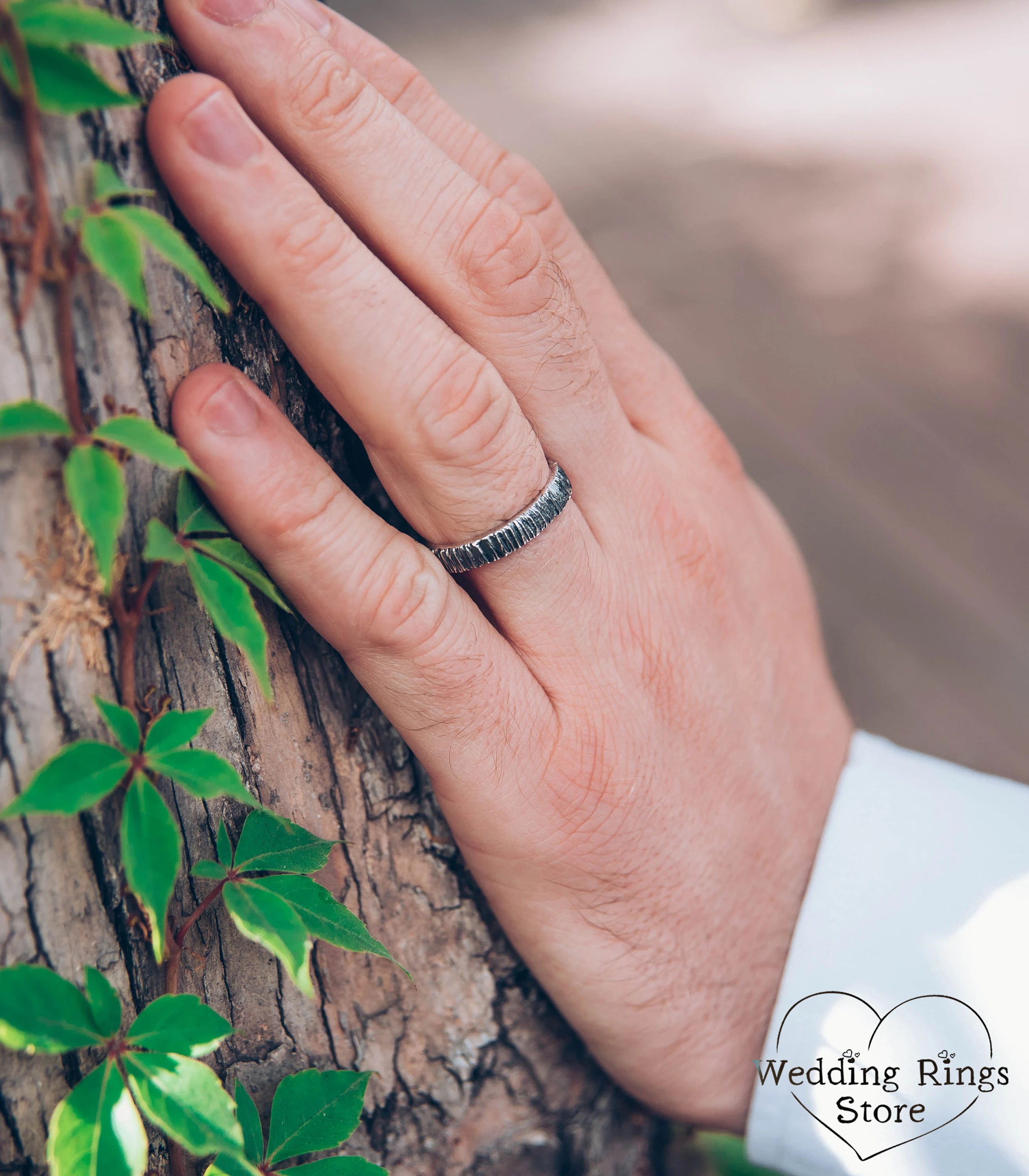 Simple Minimalist Tree bark Wedding Ring for Him & Her in Silver