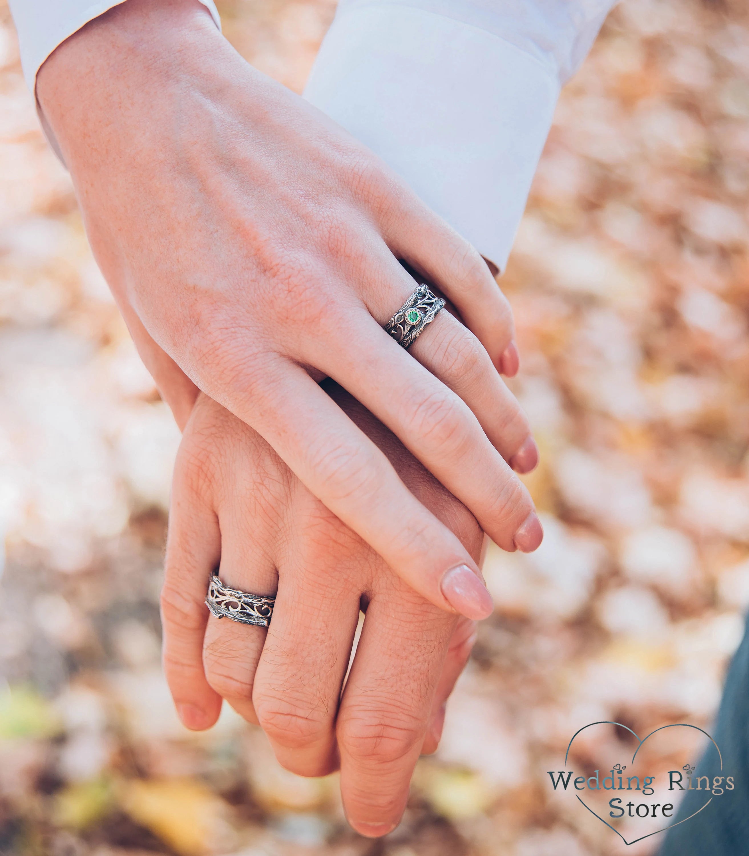 Tree Branch Silver Matching Rings with Emerald inspired by Nature