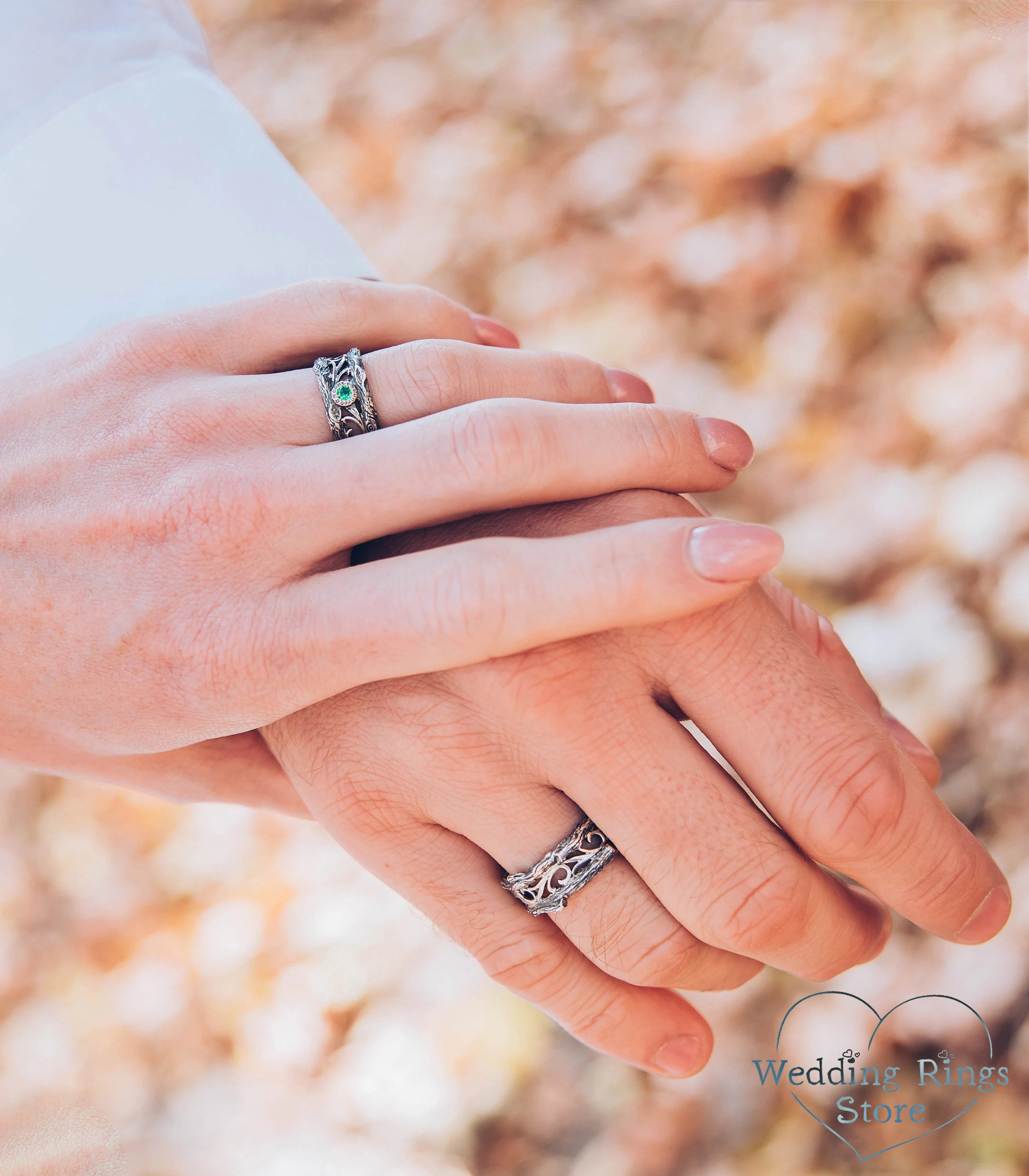 Tree Branch Silver Matching Rings with Emerald inspired by Nature