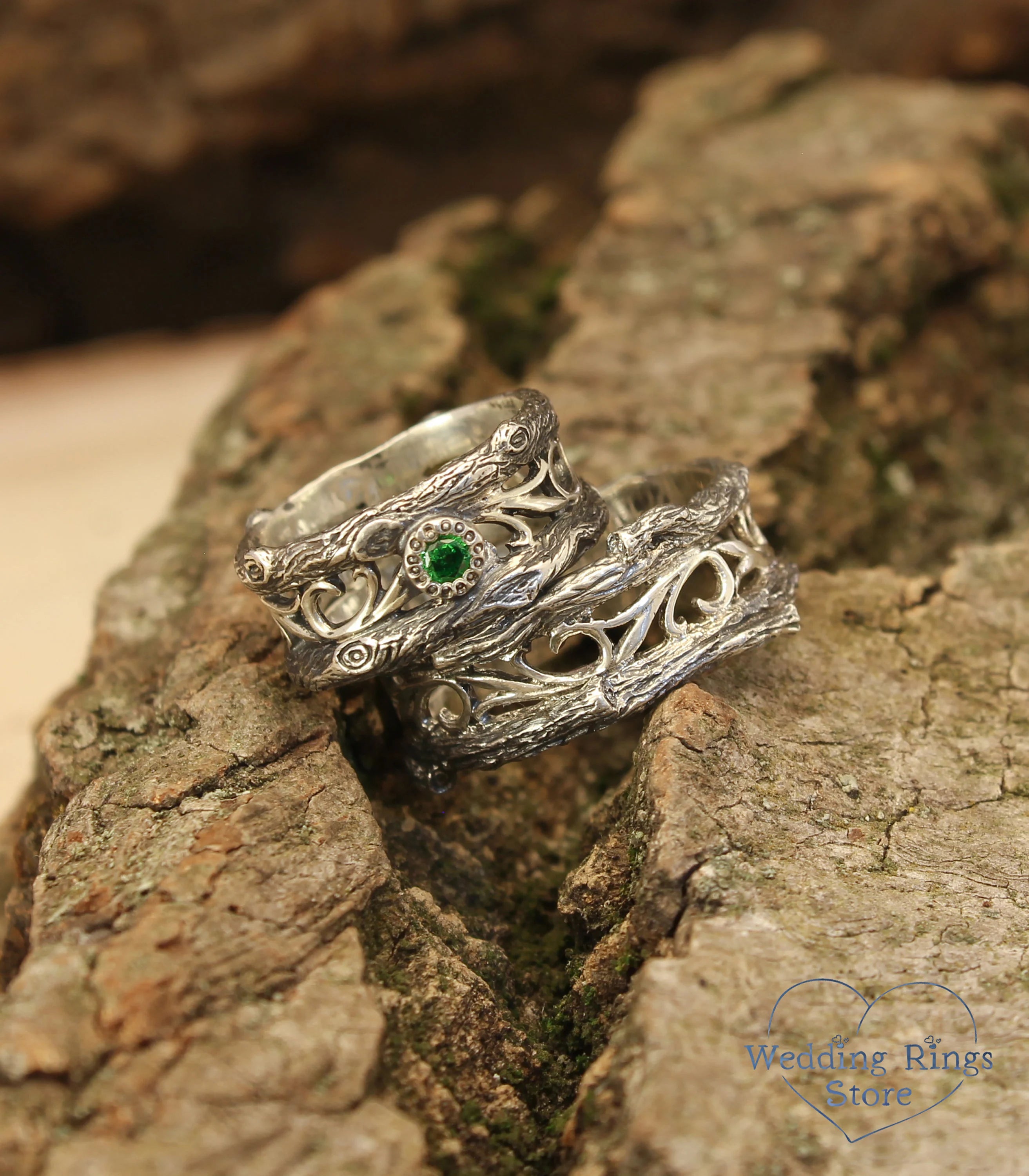 Tree Branch Silver Matching Rings with Emerald inspired by Nature