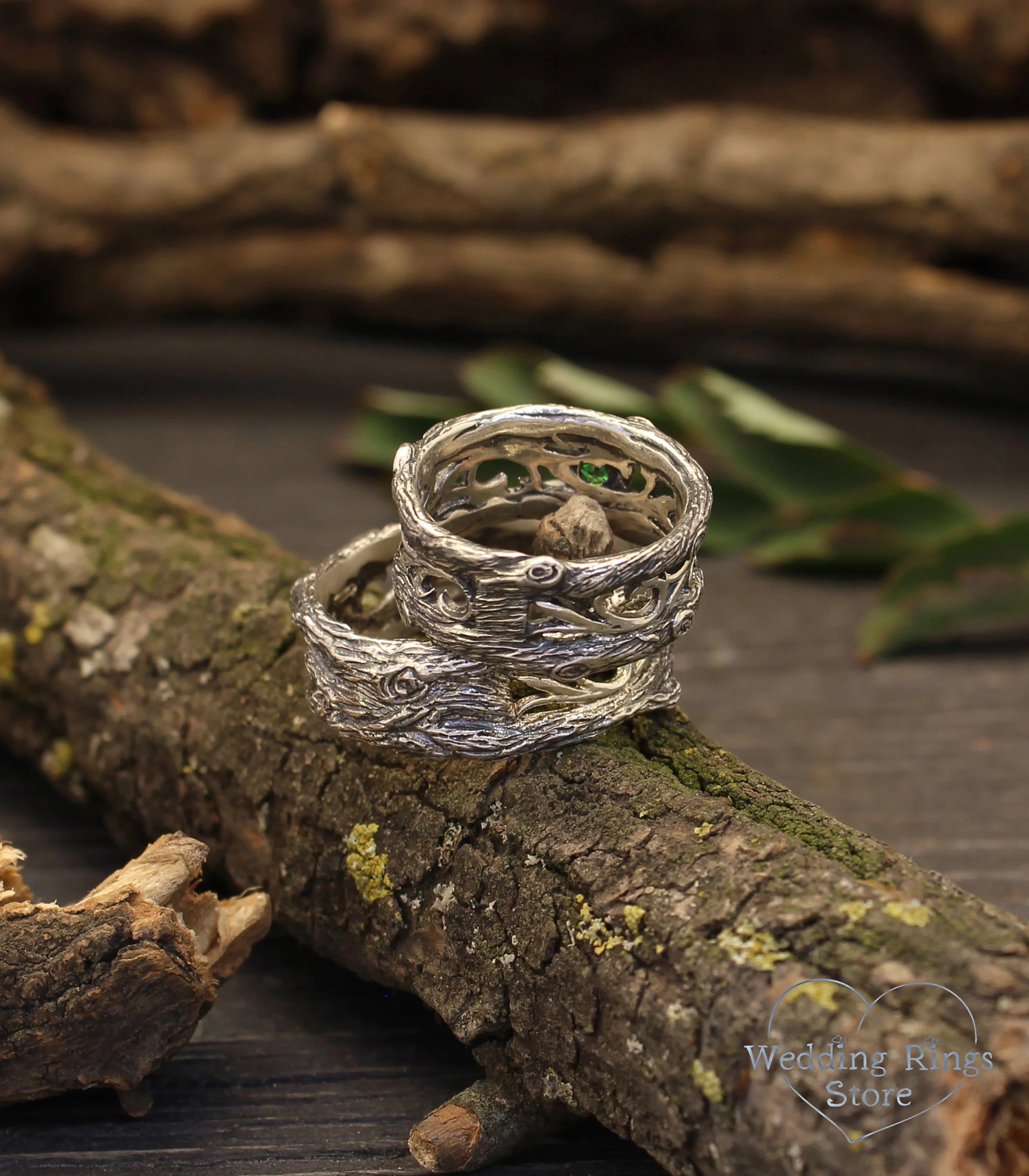 Tree Branch Silver Matching Rings with Emerald inspired by Nature