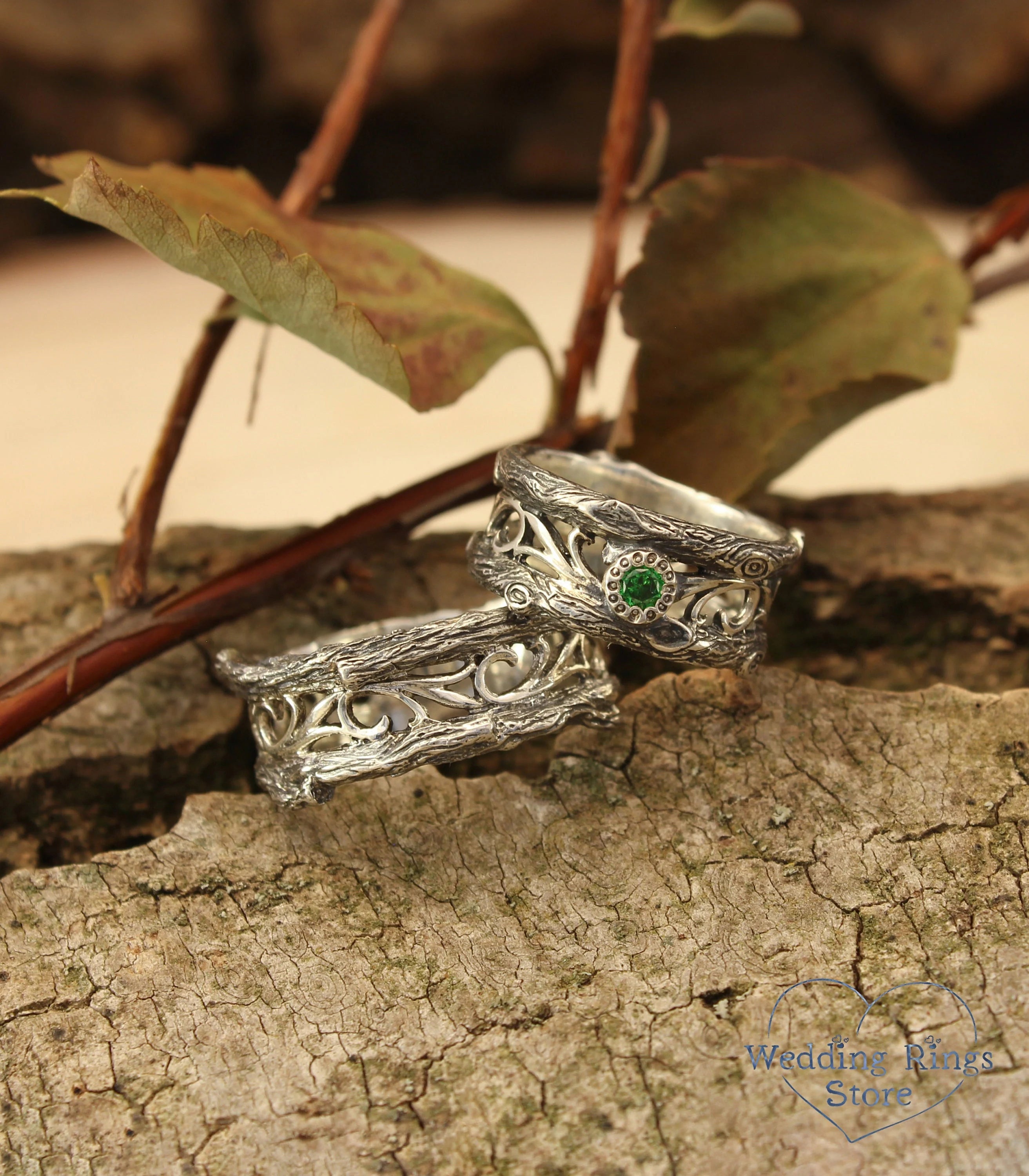 Tree Branch Silver Matching Rings with Emerald inspired by Nature