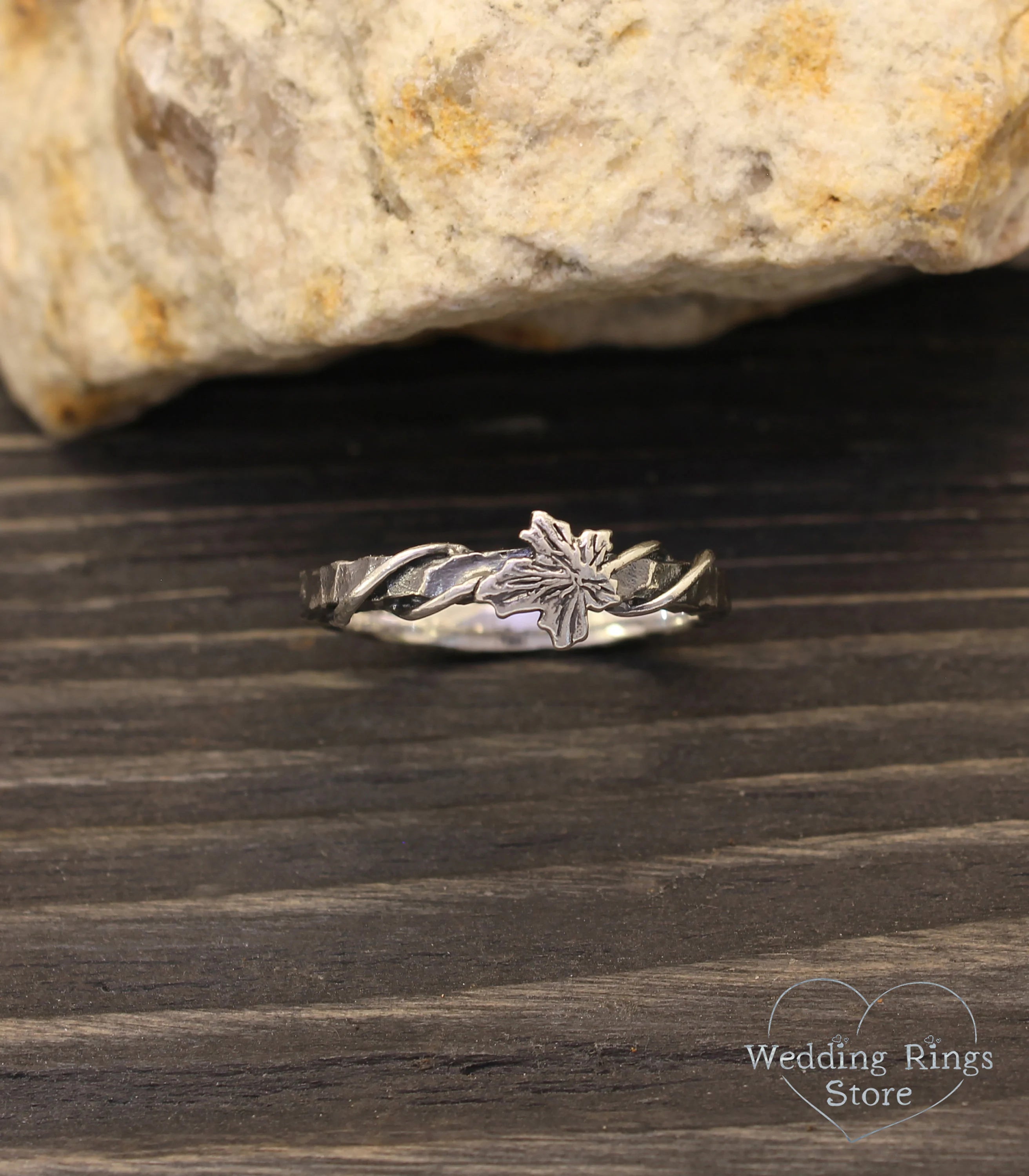 Silver Hammered Wedding Ring with Maple Leaf