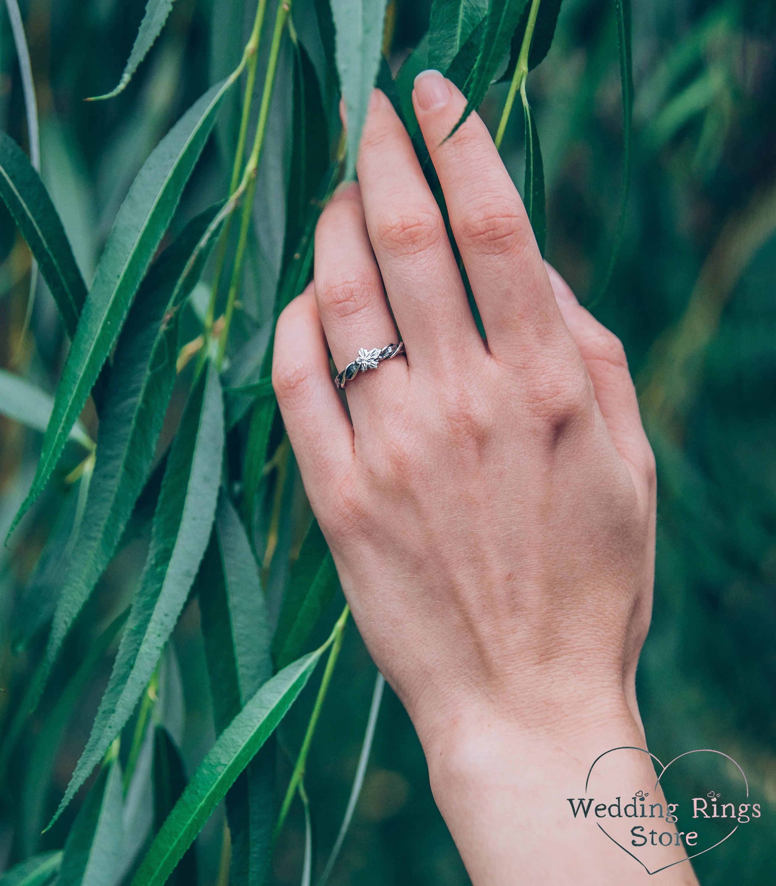 Silver Hammered Wedding Ring with Maple Leaf