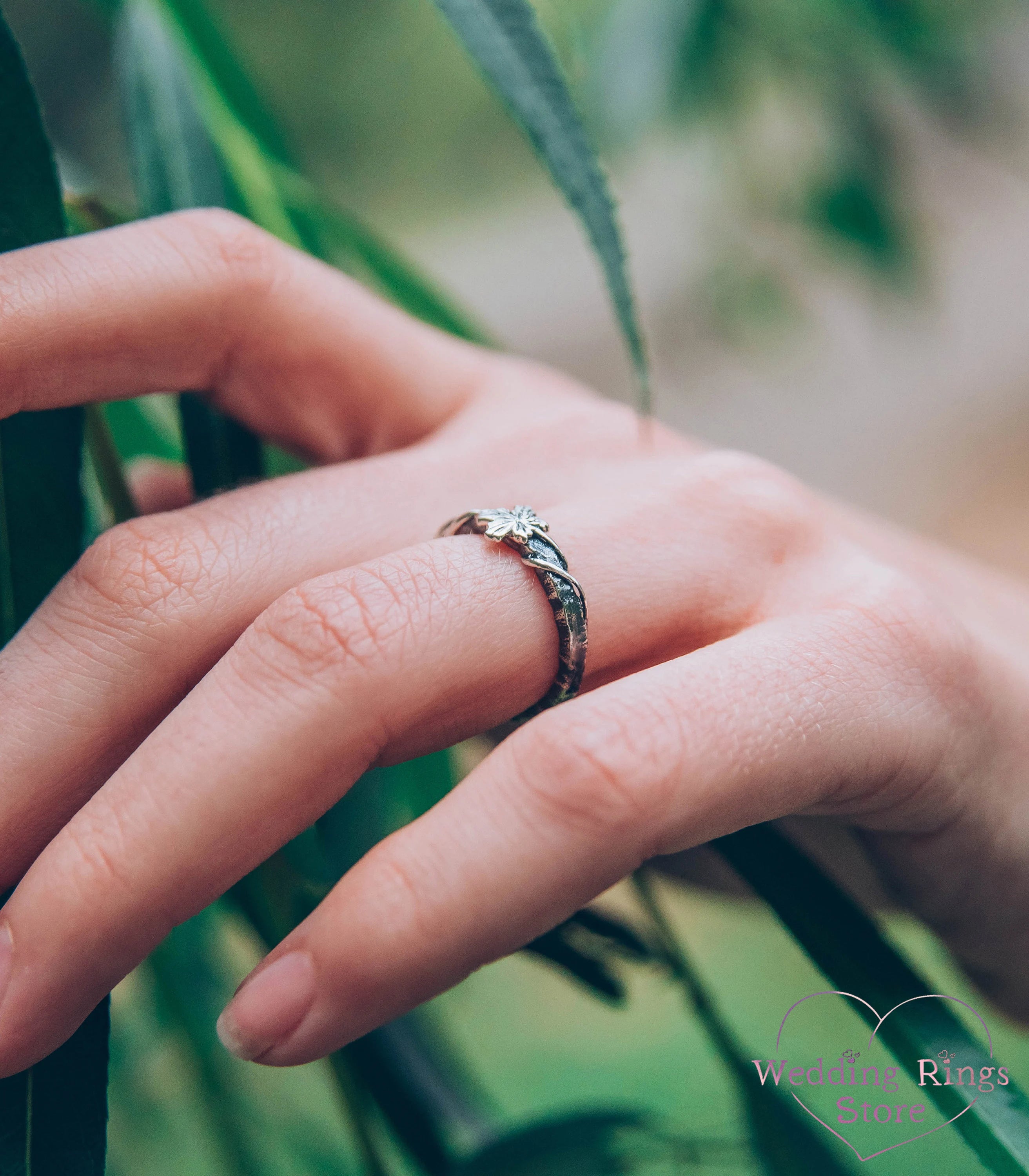 Silver Hammered Wedding Ring with Maple Leaf