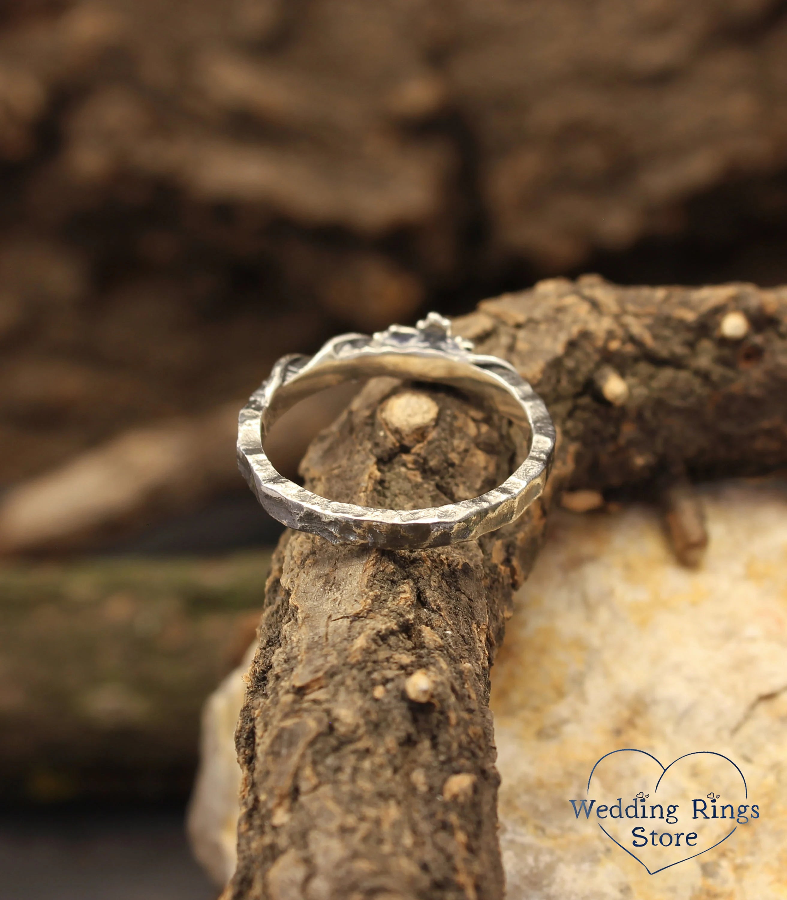 Silver Hammered Wedding Ring with Maple Leaf