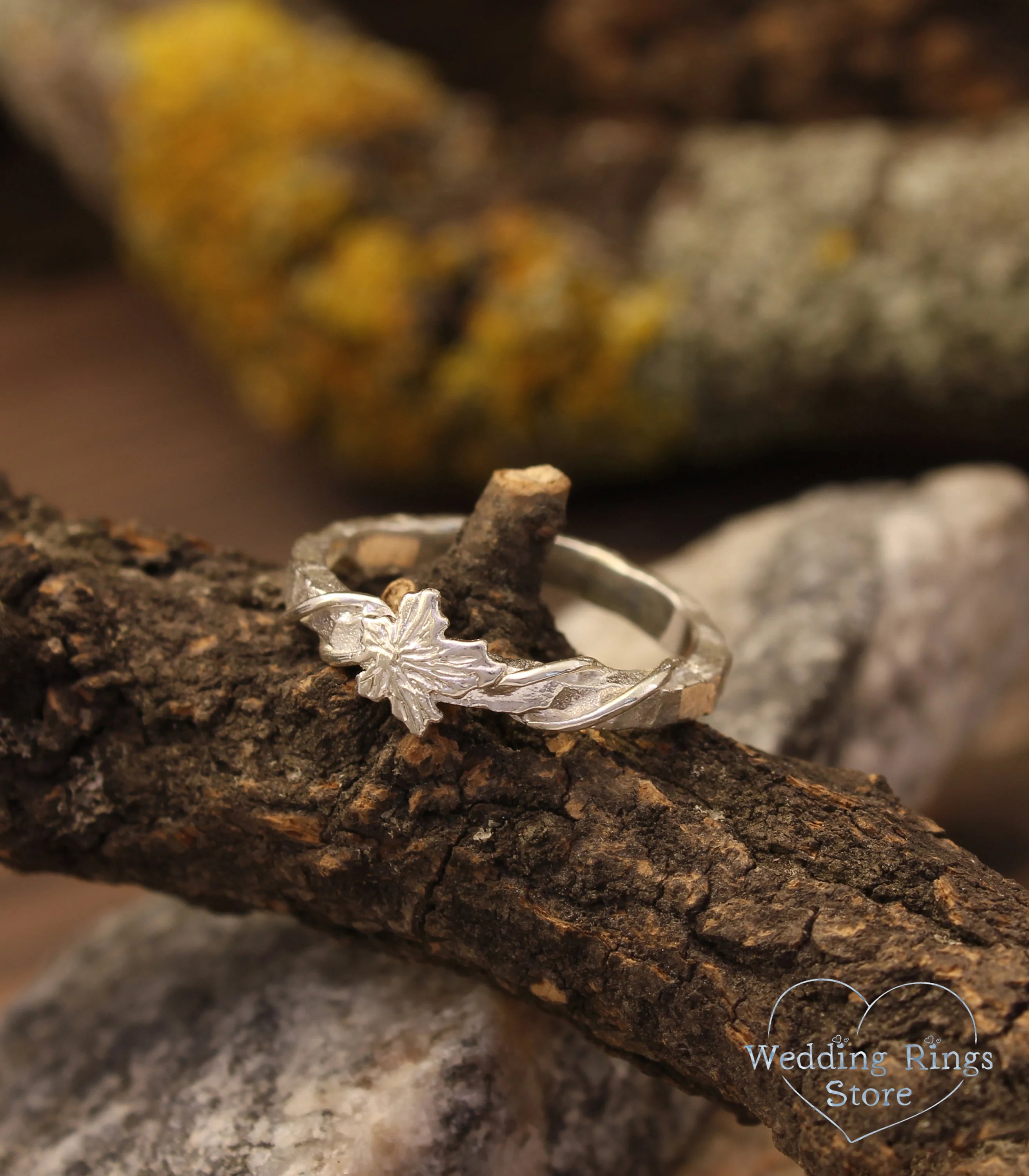 Silver Hammered Wedding Ring with Maple Leaf