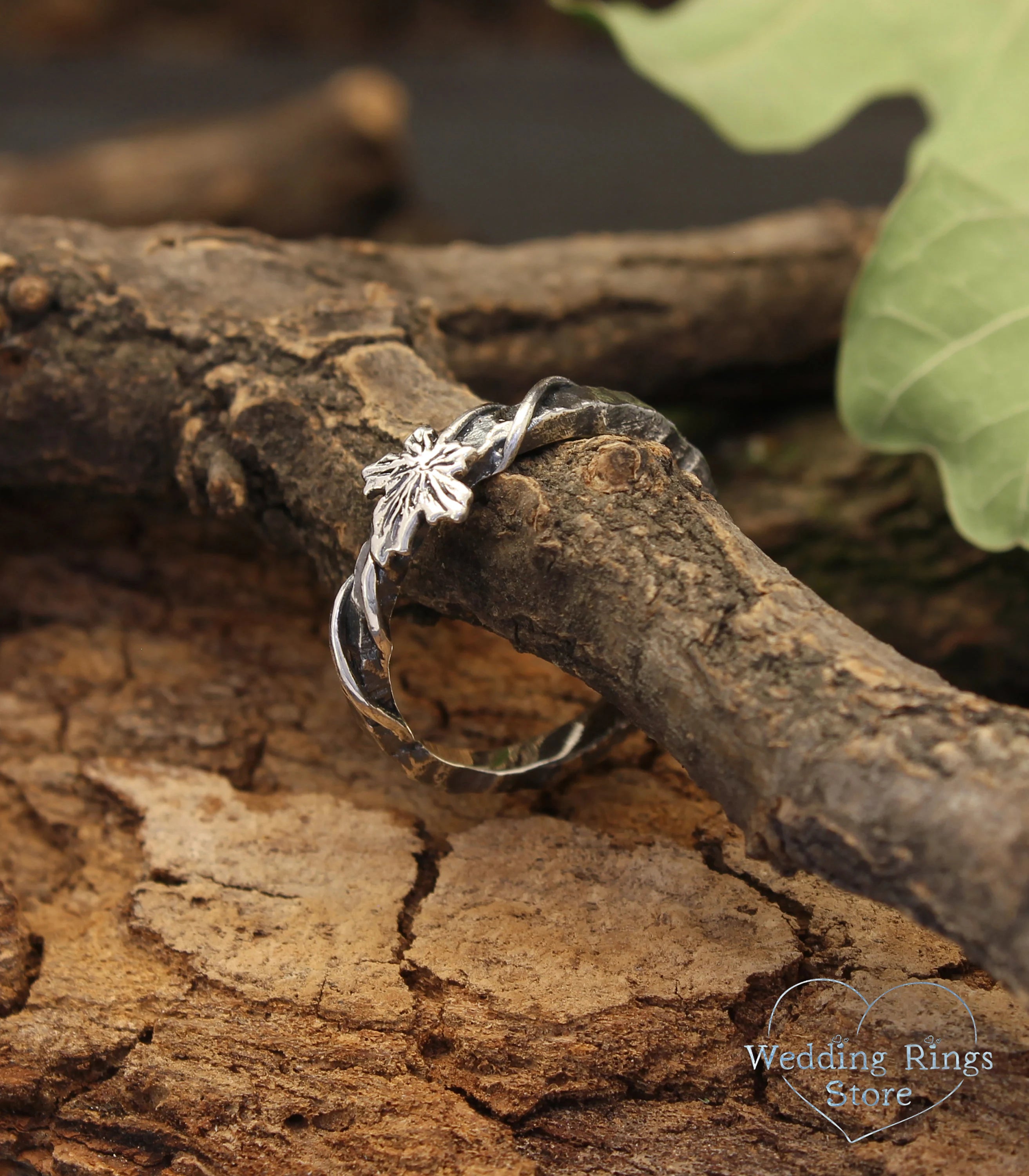 Silver Hammered Wedding Ring with Maple Leaf