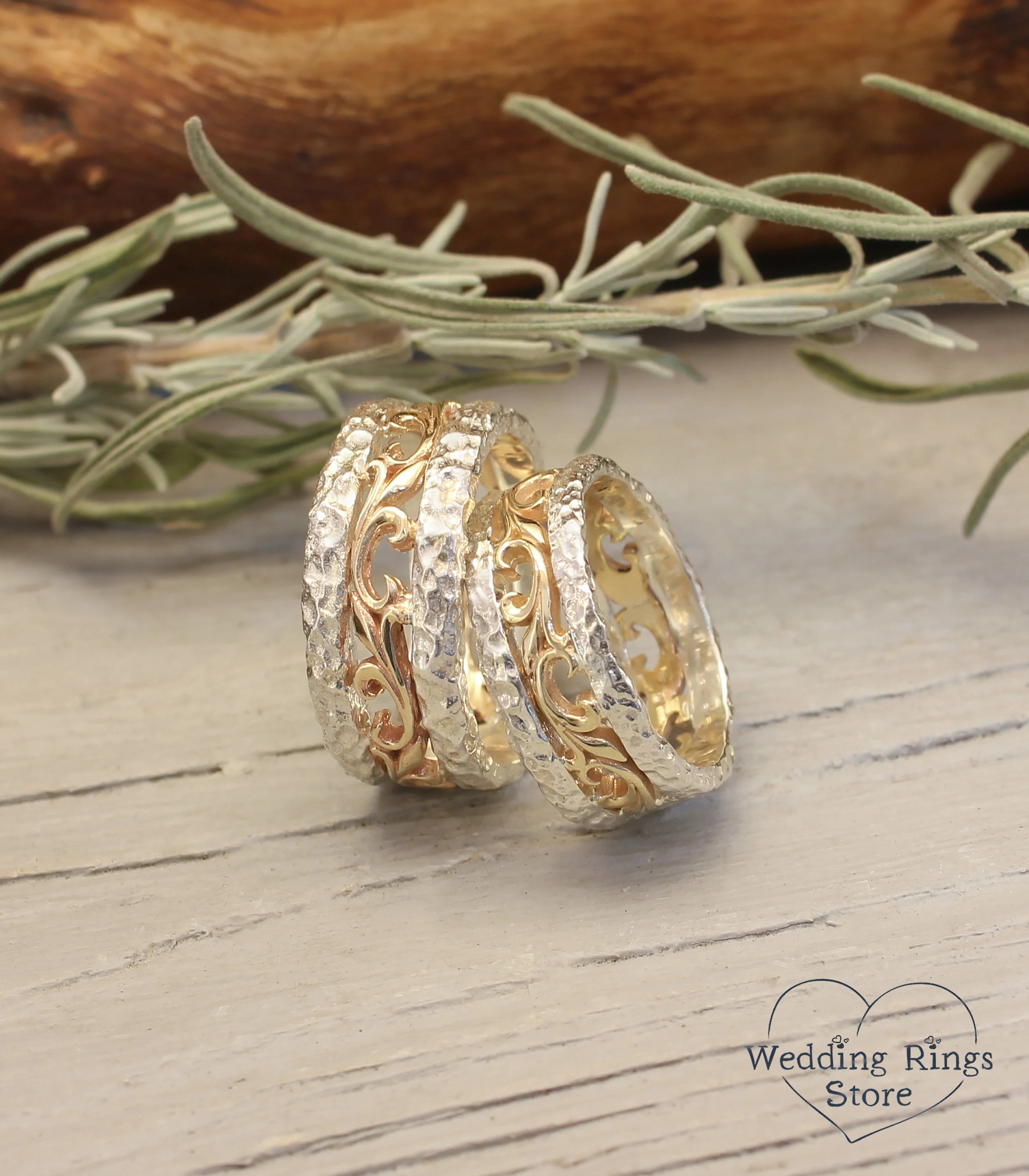 Mixed Metals Hammered and Vine matching Wedding Bands Set