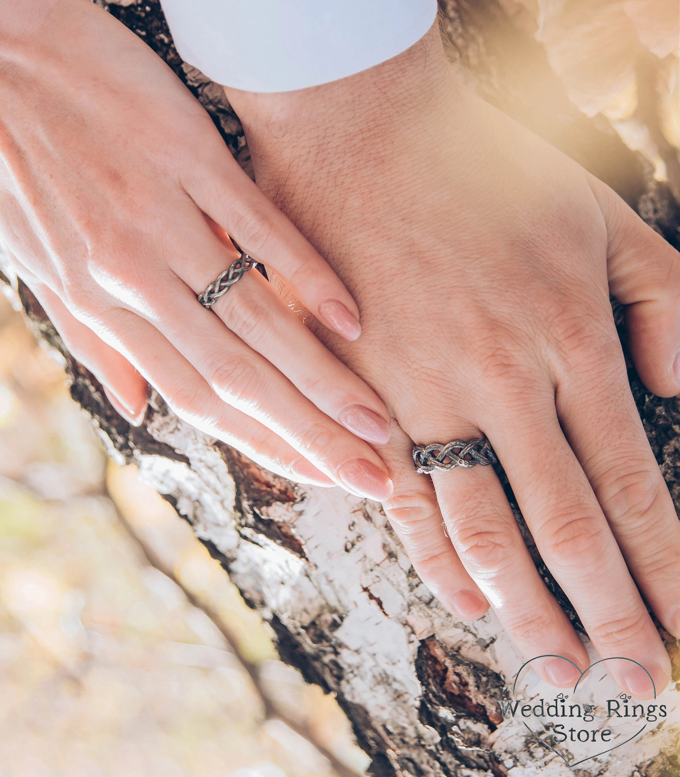 Braided Branch Simple Silver Wedding Rings Set