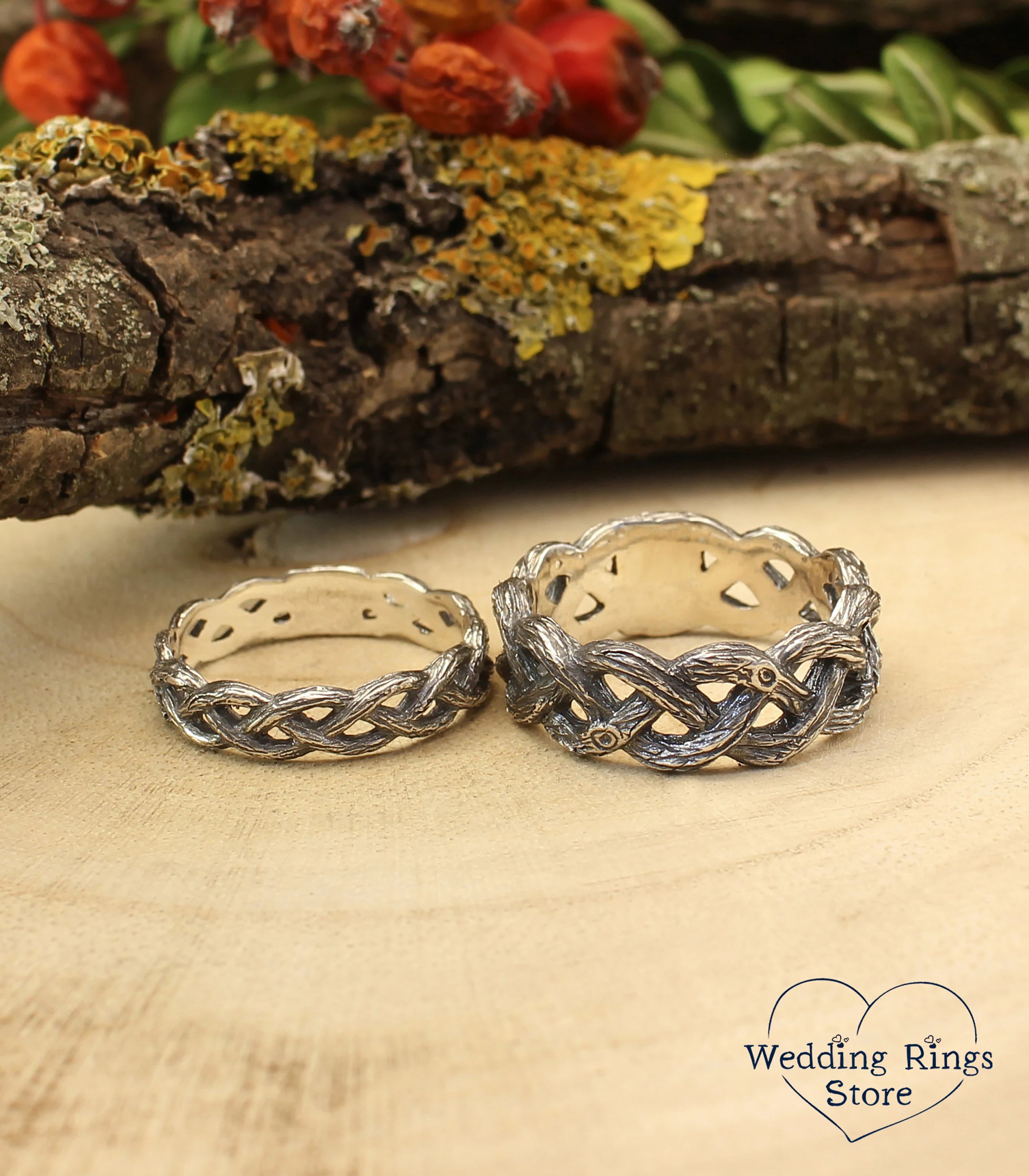 Braided Branch Simple Silver Wedding Rings Set